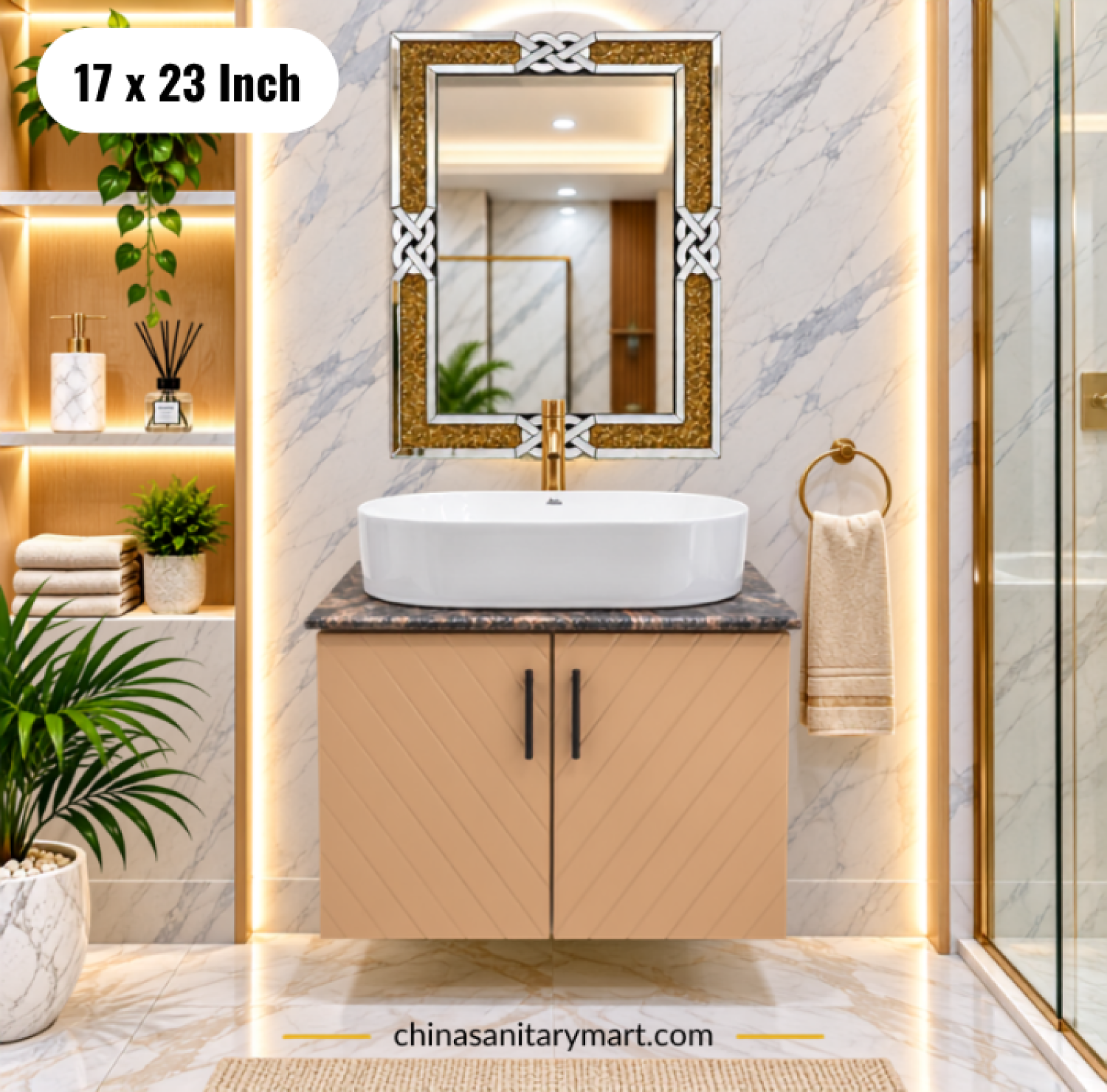 17x23 peach basin cabinet, peach bathroom vanity, white counter basin,  basin cabinet with mirror, peach basin vanity Bangladesh