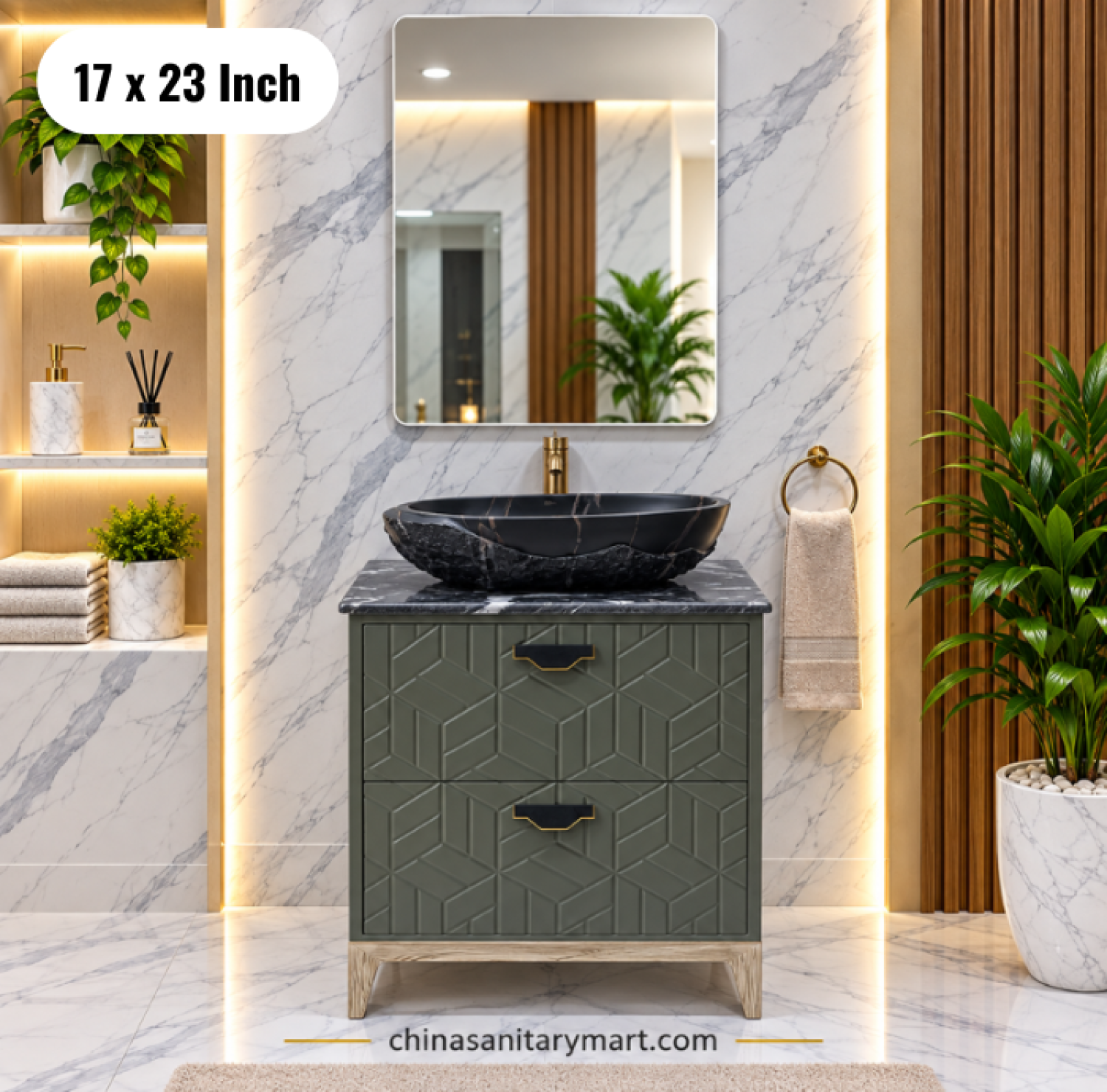17x23 sage green basin cabinet, sage green bathroom vanity, green basin cabinet with black counter basin, basin cabinet and mirror, bathroom vanity Bangladesh