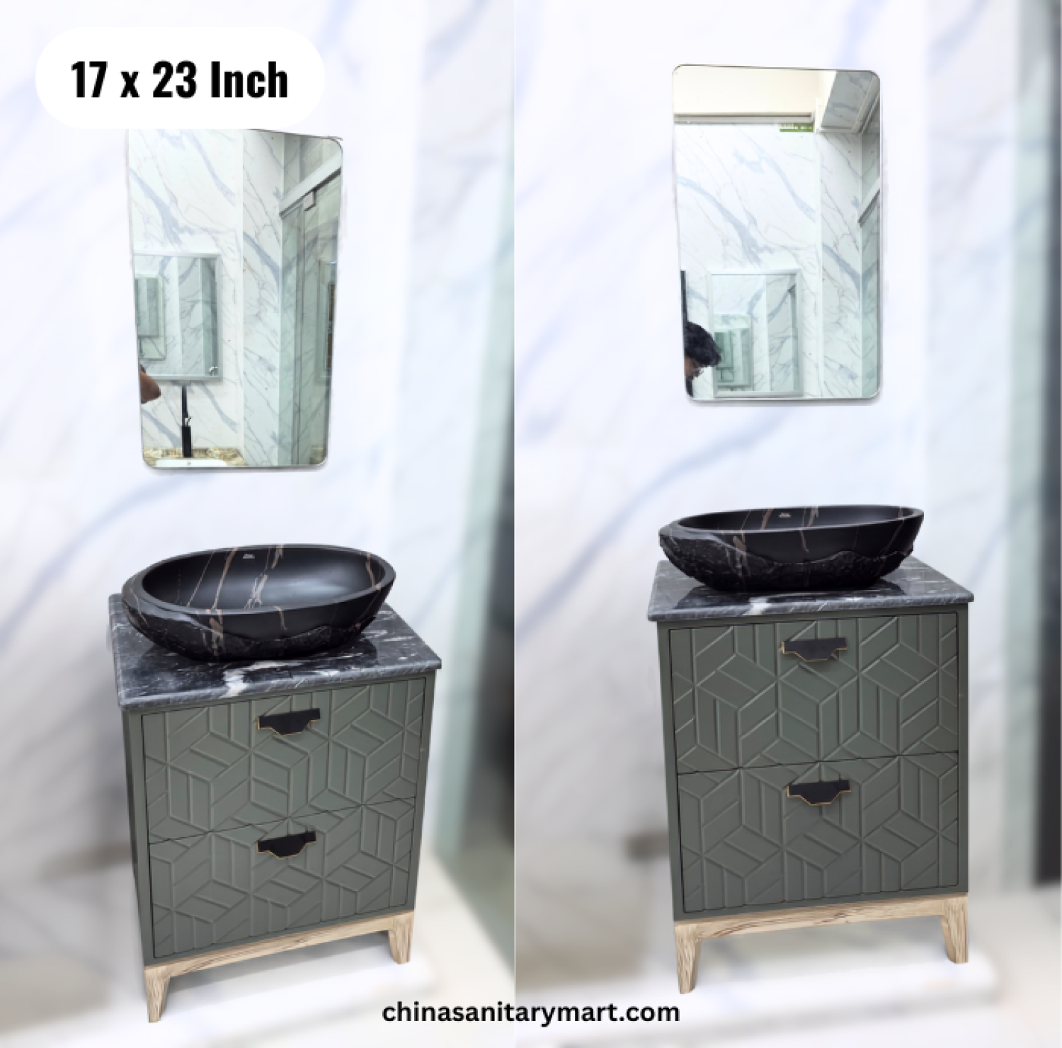 17x23 sage green basin cabinet, sage green bathroom vanity, green basin cabinet with black counter basin, basin cabinet and mirror, bathroom vanity Bangladesh