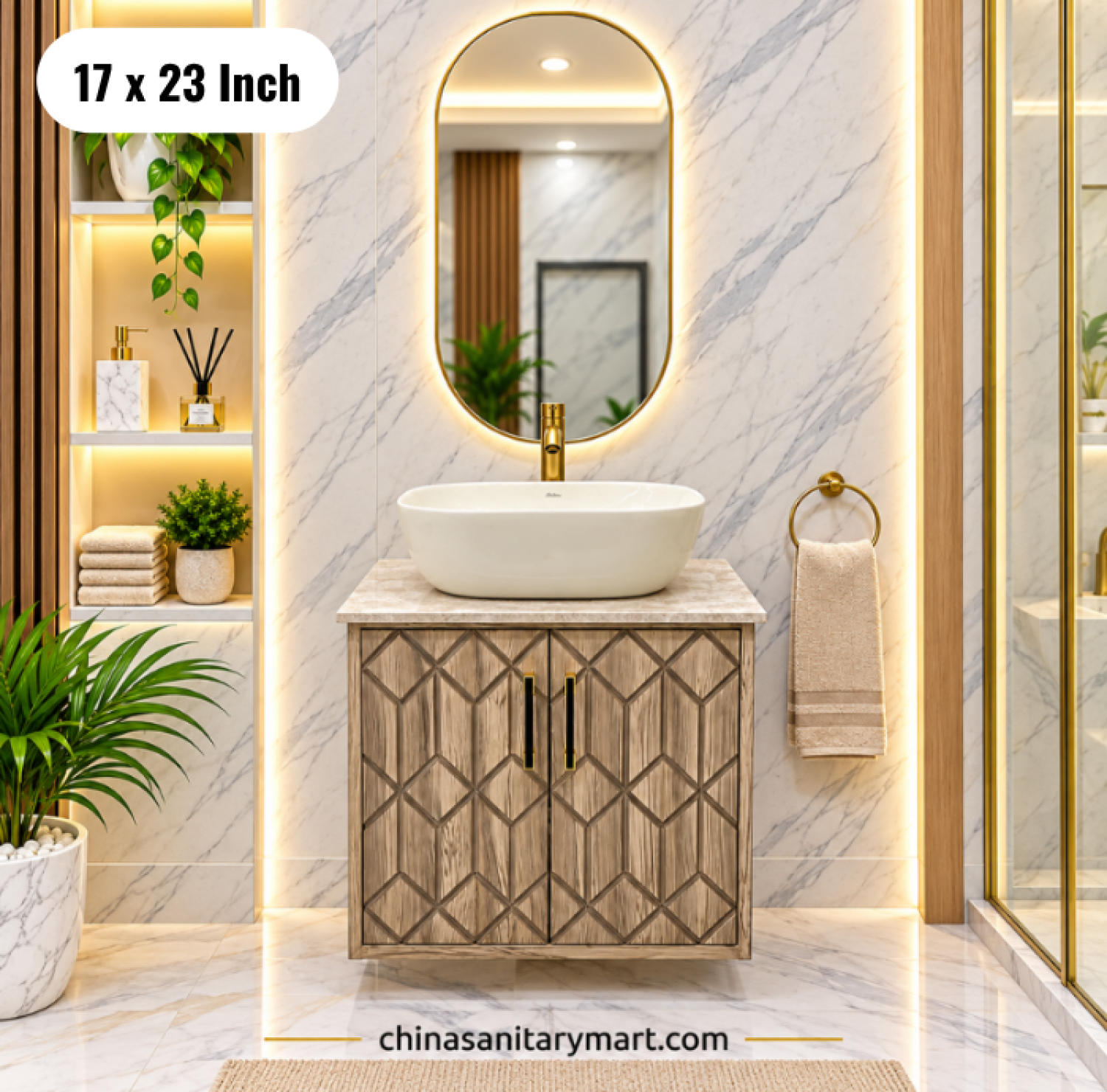 17x23 wooden texture basin cabinet, wooden bathroom vanity, wooden basin cabinet with top basin, vanity with and mirror, bathroom vanity Bangladesh