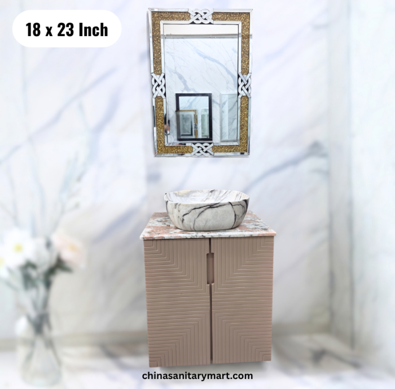 18x23 pink basin cabinet, pink bathroom vanity with top basin, pink basin cabinet with mirror, pink bathroom vanity set, bathroom cabinet Bangladesh