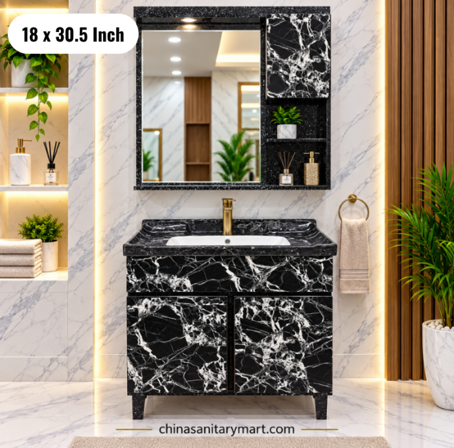 18x30.5 black basin cabinet, black bathroom vanity with integrated basin, black basin cabinet and mirror, black marble vanity set, bathroom cabinet Bangladesh