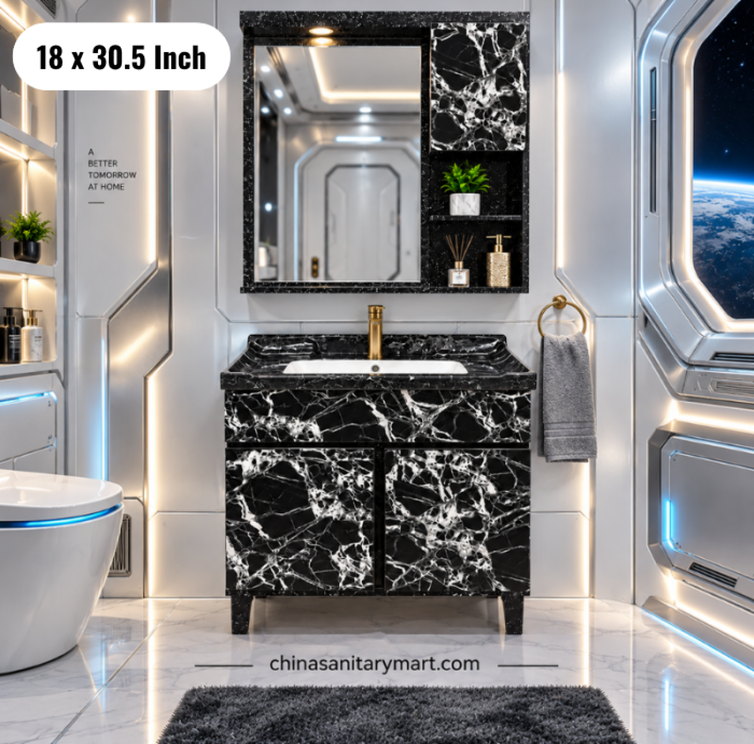 18x30.5 black basin cabinet, black bathroom vanity with integrated basin, black basin cabinet and mirror, black marble vanity set, bathroom cabinet Bangladesh