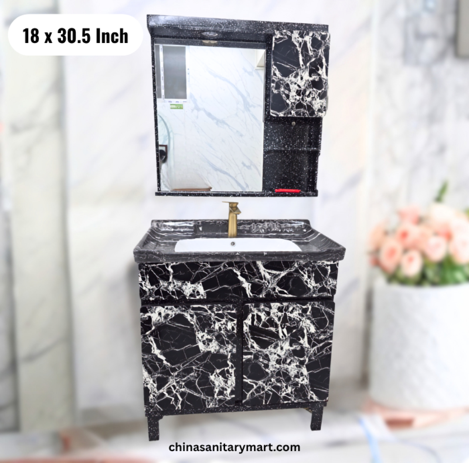 18x30.5 black basin cabinet, black bathroom vanity with integrated basin, black basin cabinet and mirror, black marble vanity set, bathroom cabinet Bangladesh