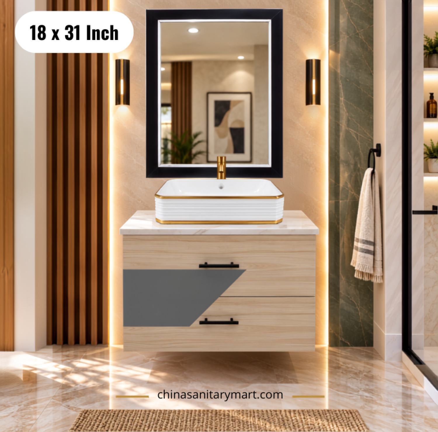 18x31 wooden basin cabinet, wooden bathroom vanity with top basin, wall mounted basin cabinet with mirror, wooden vanity Bangladesh