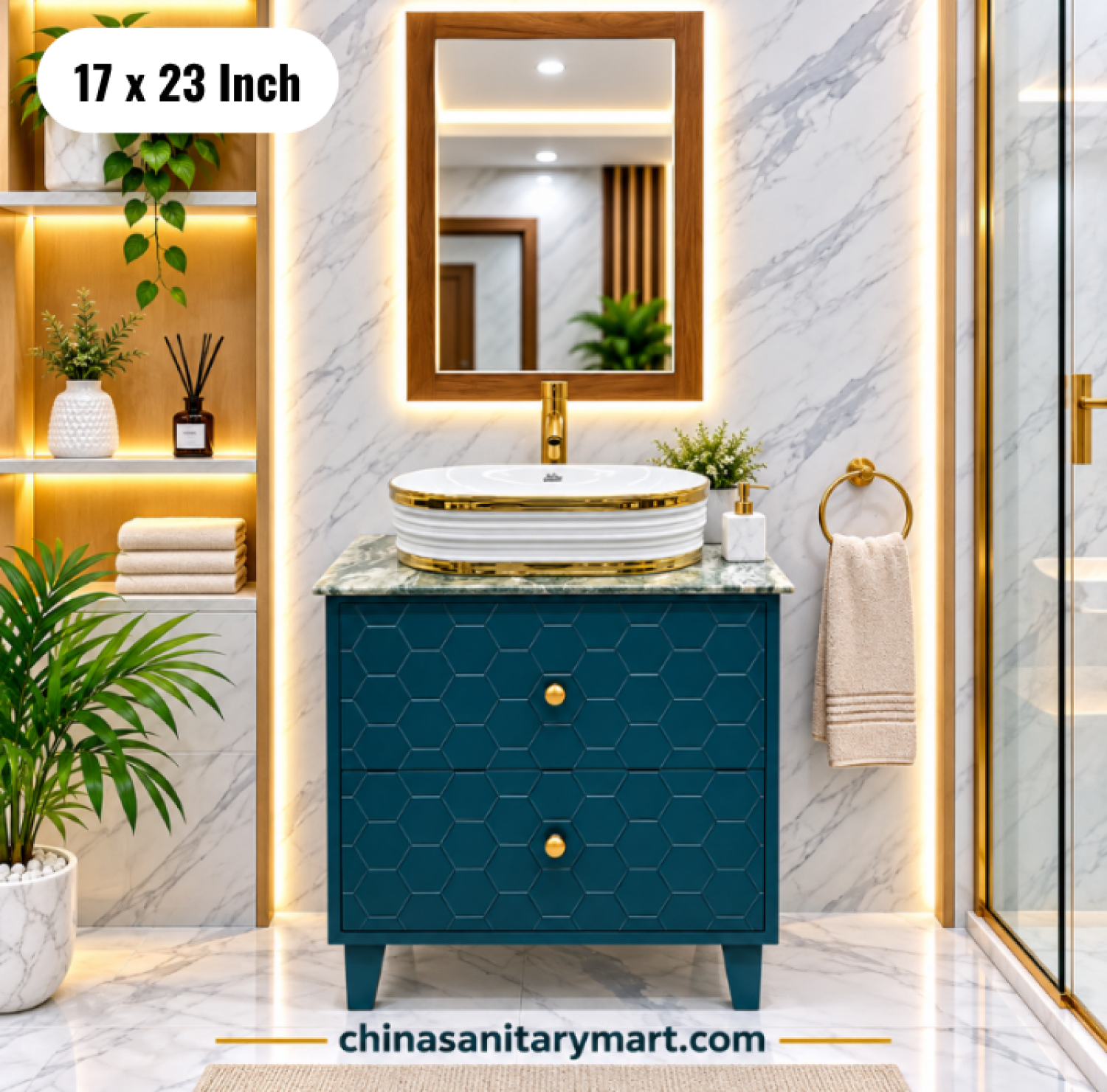 19x27 dark green basin cabinet, dark green bathroom vanity with top basin, green basin cabinet and mirror, hexagon texture bathroom cabinet, green vanity Bangladesh
