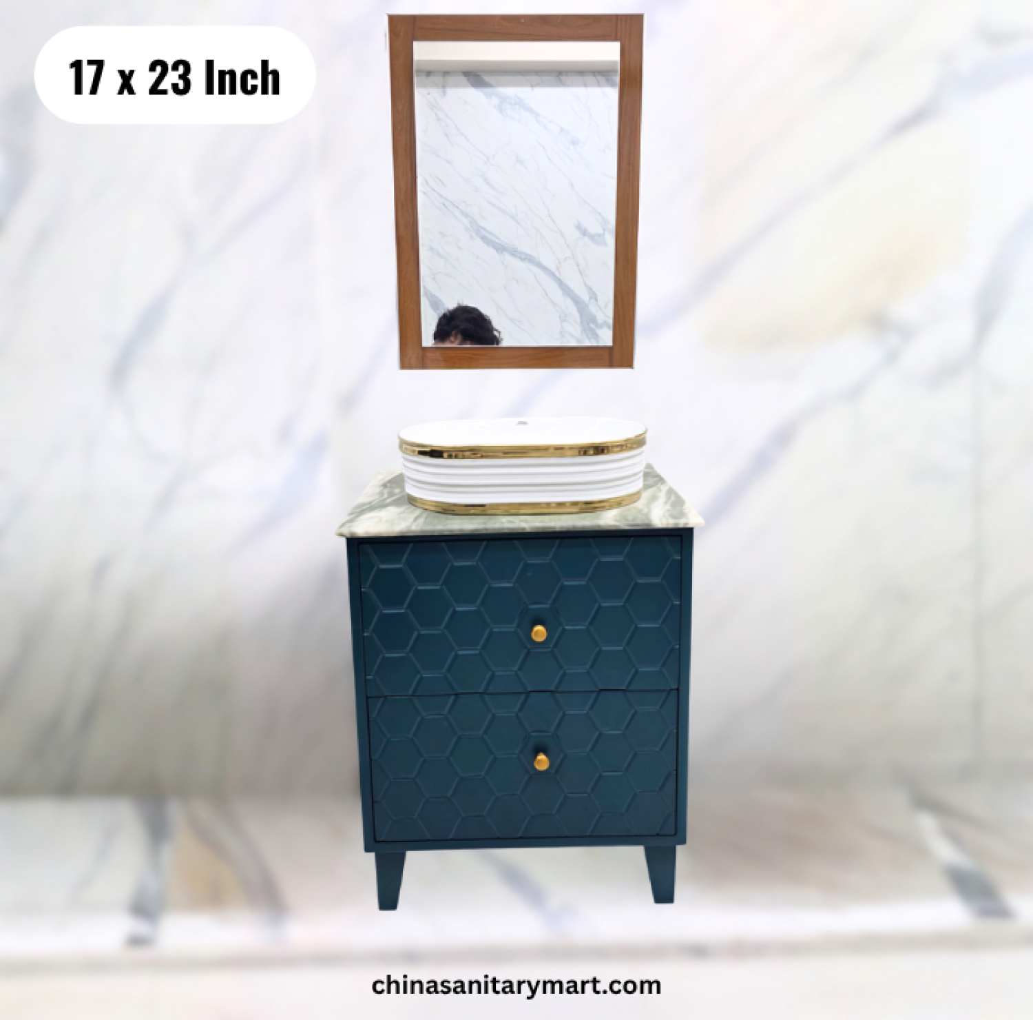 19x27 dark green basin cabinet, dark green bathroom vanity with top basin, green basin cabinet and mirror, hexagon texture bathroom cabinet, green vanity Bangladesh