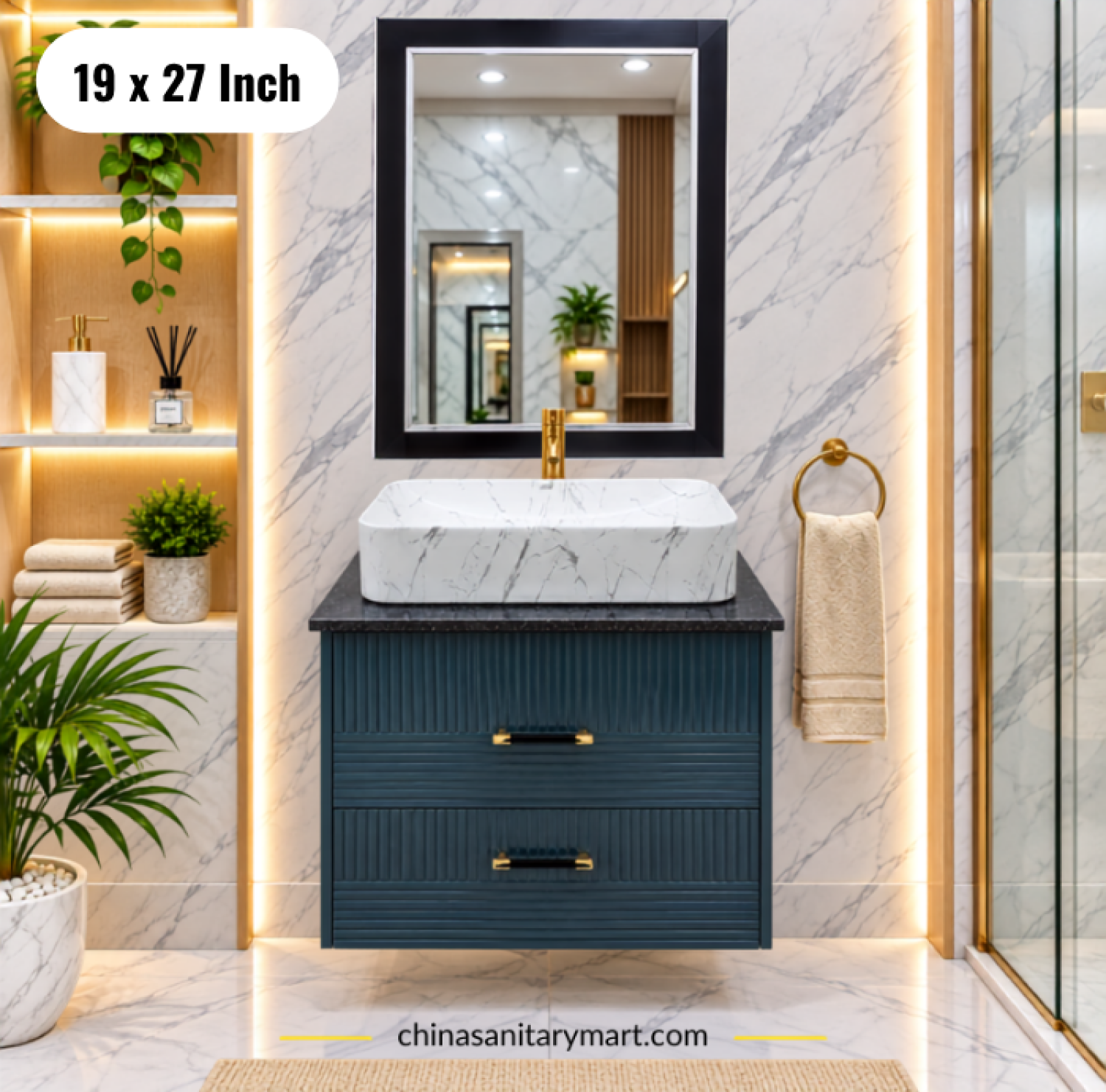 19x27 deep blue basin cabinet, deep blue bathroom vanity with white marble basin, blue basin cabinet and mirror, ribbed bathroom vanity, blue bathroom cabinet Bangladesh