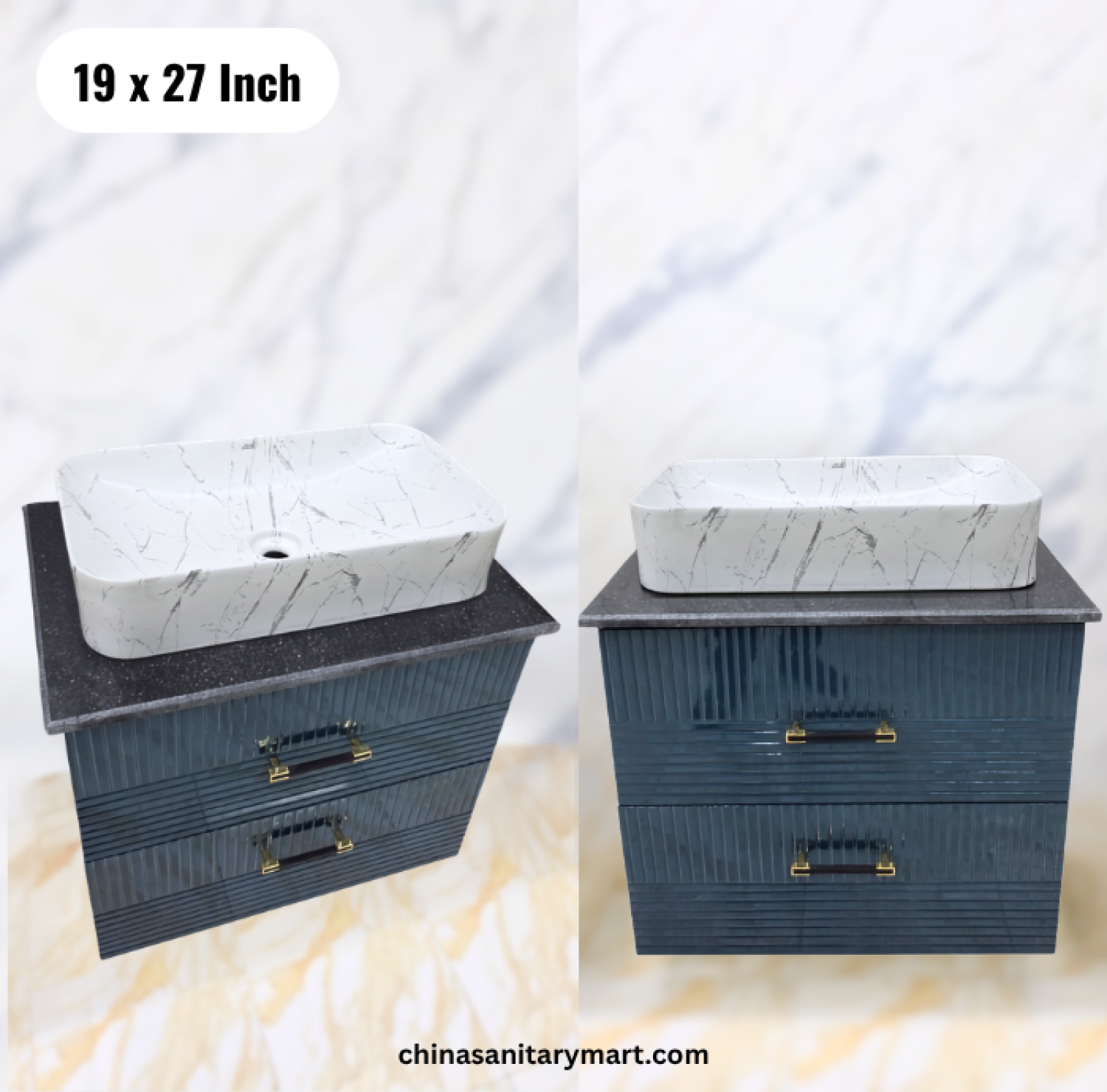 19x27 deep blue basin cabinet, deep blue bathroom vanity with white marble basin, blue basin cabinet and mirror, ribbed bathroom vanity, blue bathroom cabinet Bangladesh