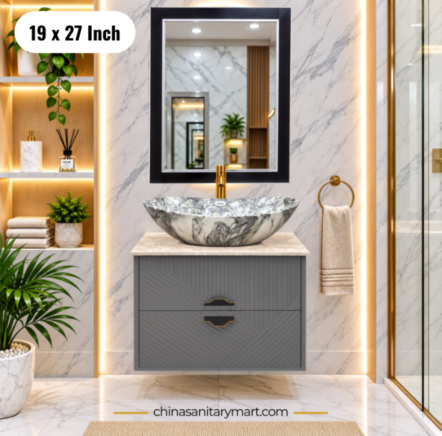19x27 green basin cabinet, green bathroom vanity with marble basin, green basin cabinet and mirror, wall mounted bathroom vanity, green bathroom cabinet Bangladesh