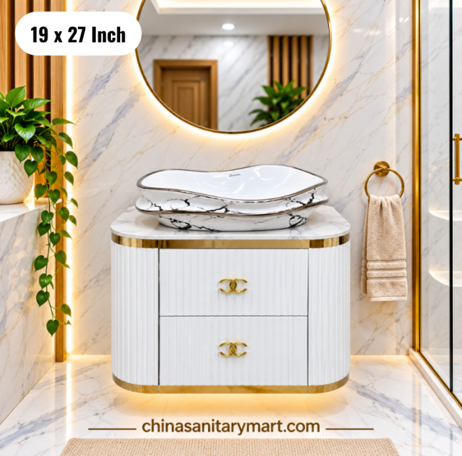 19x27 white gold basin cabinet, white top basin vanity, luxury white gold bathroom cabinet, basin cabinet and mirror, vanity Bangladesh