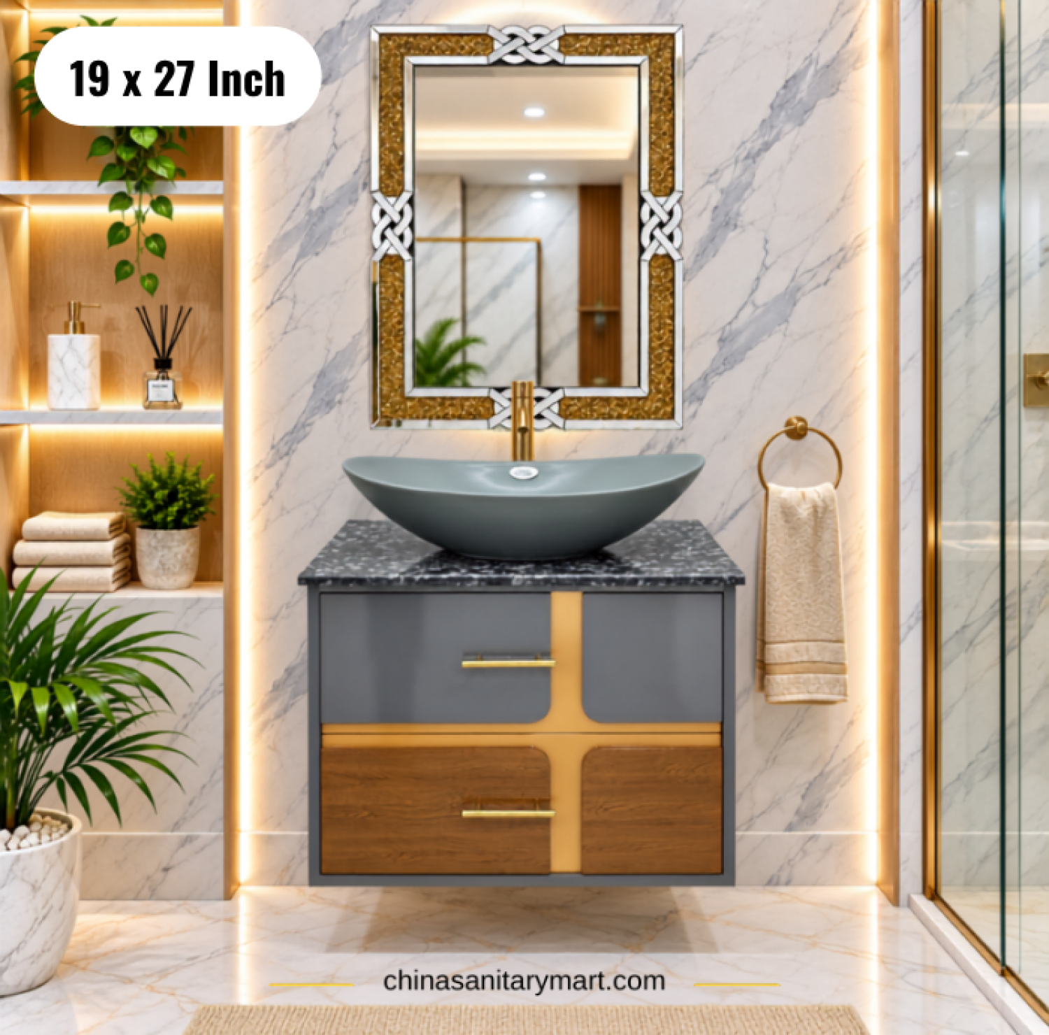 19x27 grey wooden texture basin cabinet, grey top basin vanity, wood texture bathroom cabinet, basin cabinet  and mirror, modern vanity Bangladesh
