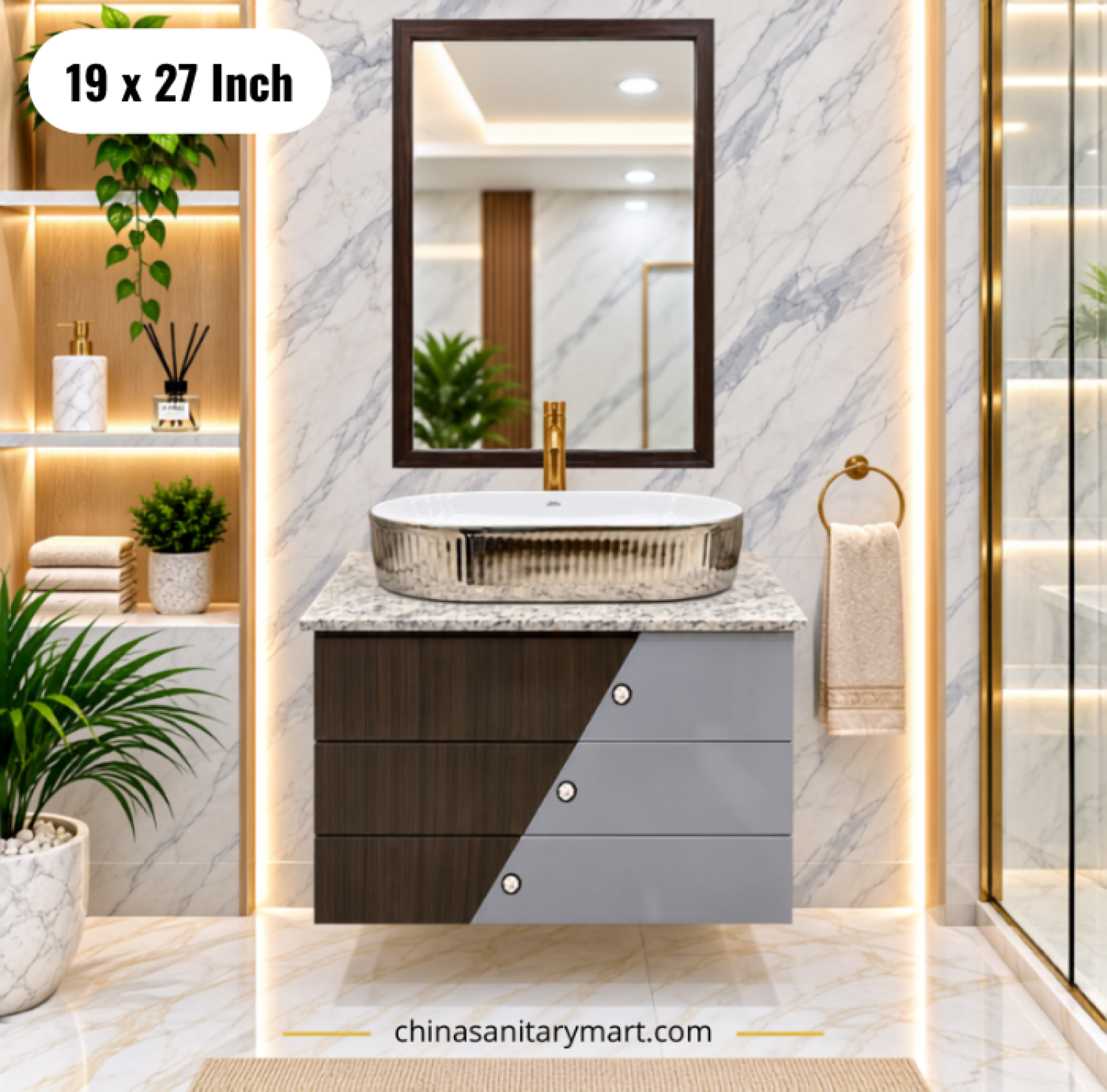 19x27 wooden texture wall hung basin cabinet, silver top basin vanity, wooden bathroom cabinet, silver basin cabinet with and mirror, modern wall hung vanity Bangladesh