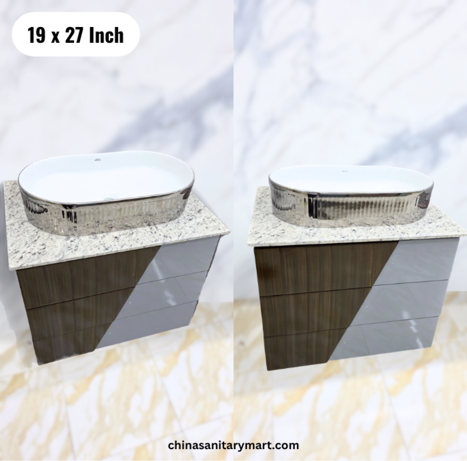 19x27 wooden texture wall hung basin cabinet, silver top basin vanity, wooden bathroom cabinet, silver basin cabinet with and mirror, modern wall hung vanity Bangladesh
