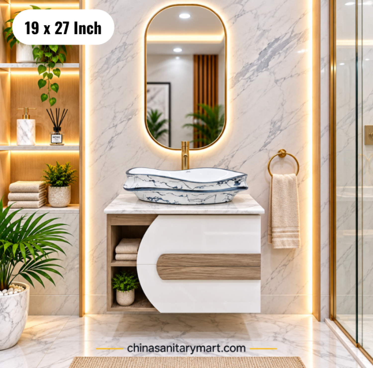 19x27 wooden texture basin cabinet, white wooden bathroom vanity, basin cabinet with storage, top basin with and mirror, modern bathroom vanity Bangladesh