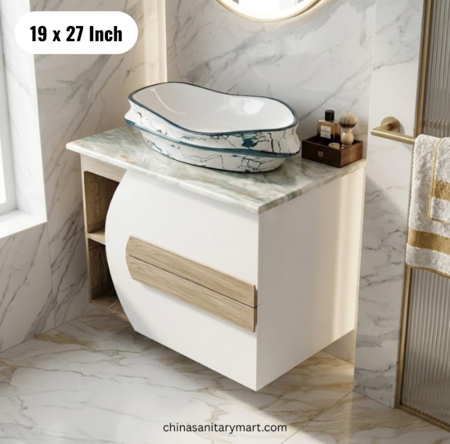 19x27 wooden texture basin cabinet, white wooden bathroom vanity, basin cabinet with storage, top basin with and mirror, modern bathroom vanity Bangladesh