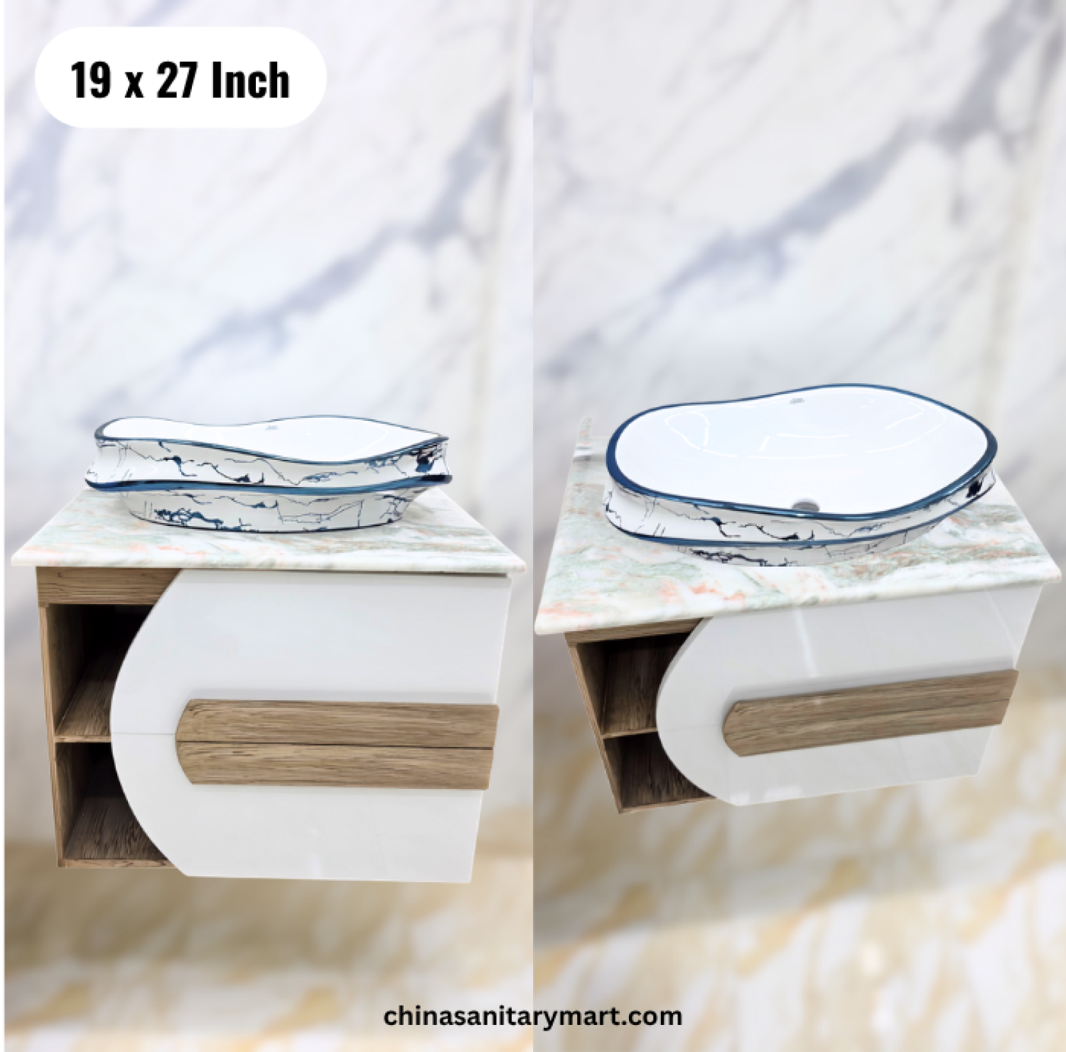 19x27 wooden texture basin cabinet, white wooden bathroom vanity, basin cabinet with storage, top basin with and mirror, modern bathroom vanity Bangladesh