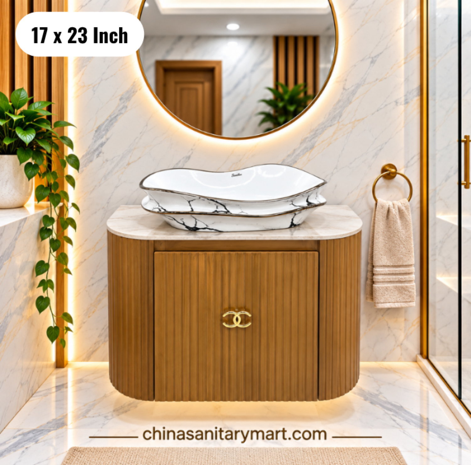 19x27 wooden texture basin cabinet, fluted wooden bathroom vanity, white top basin cabinet, basin vanity and mirror, modern bathroom cabinet Bangladesh