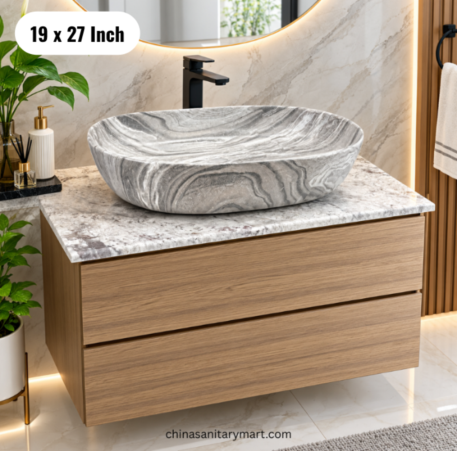 19x27 wooden basin cabinet, wooden bathroom vanity with top basin, marble effect basin cabinet, two drawer vanity, basin cabinet with and mirror