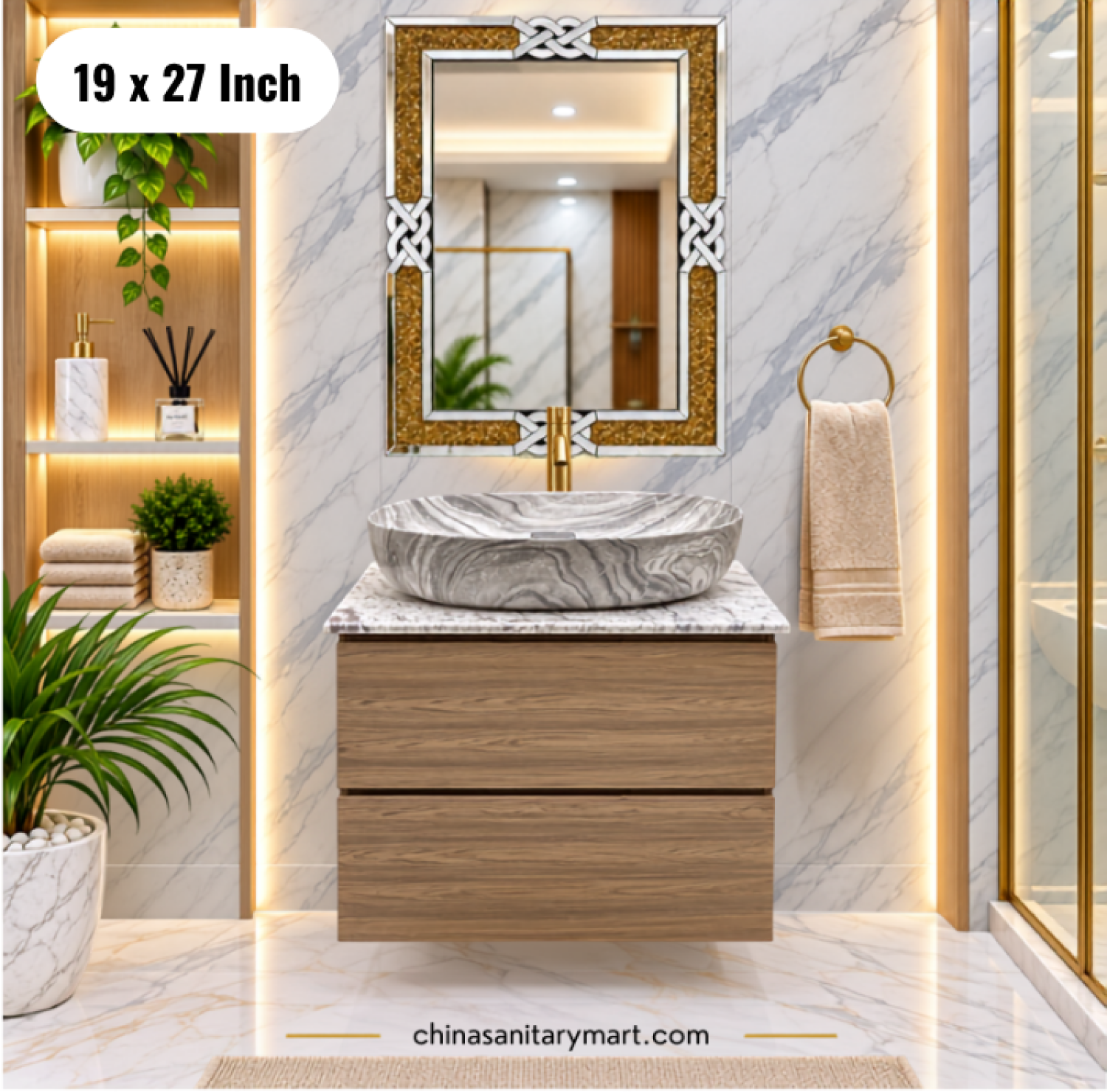 19x27 wooden basin cabinet, wooden bathroom vanity with top basin, marble effect basin cabinet, two drawer vanity, basin cabinet with and mirror