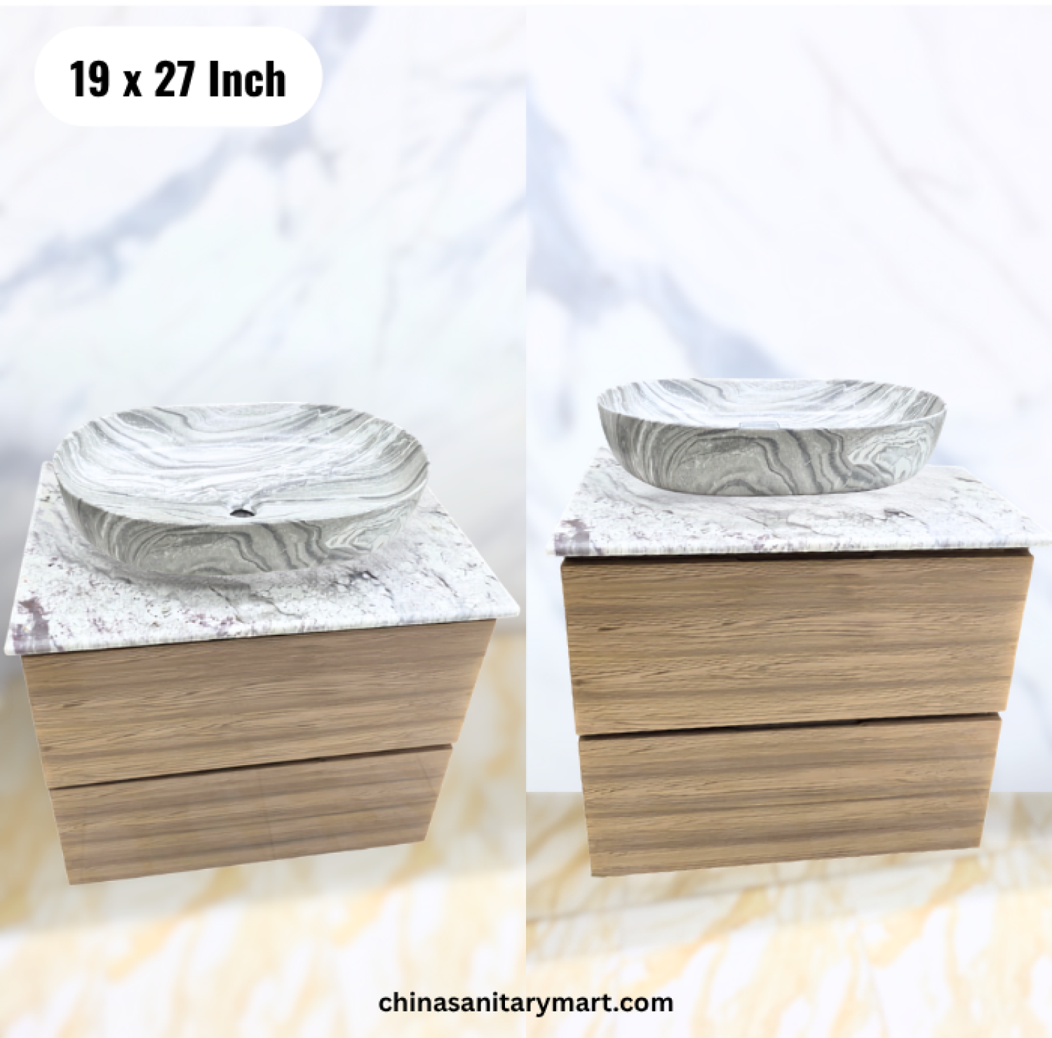 19x27 wooden basin cabinet, wooden bathroom vanity with top basin, marble effect basin cabinet, two drawer vanity, basin cabinet with and mirror