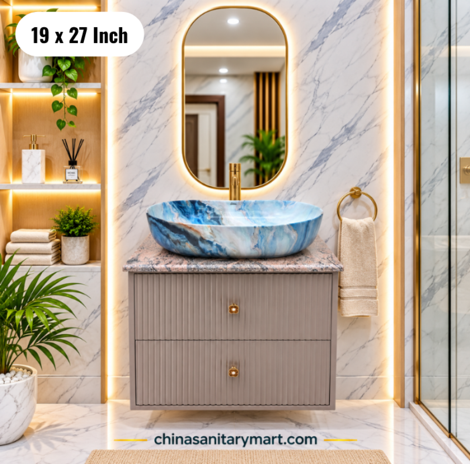 19x27 blue marble basin cabinet, blue marble top basin vanity, bathroom cabinet, basin cabinet with mirror, blue marble basin cabinet Bangladesh