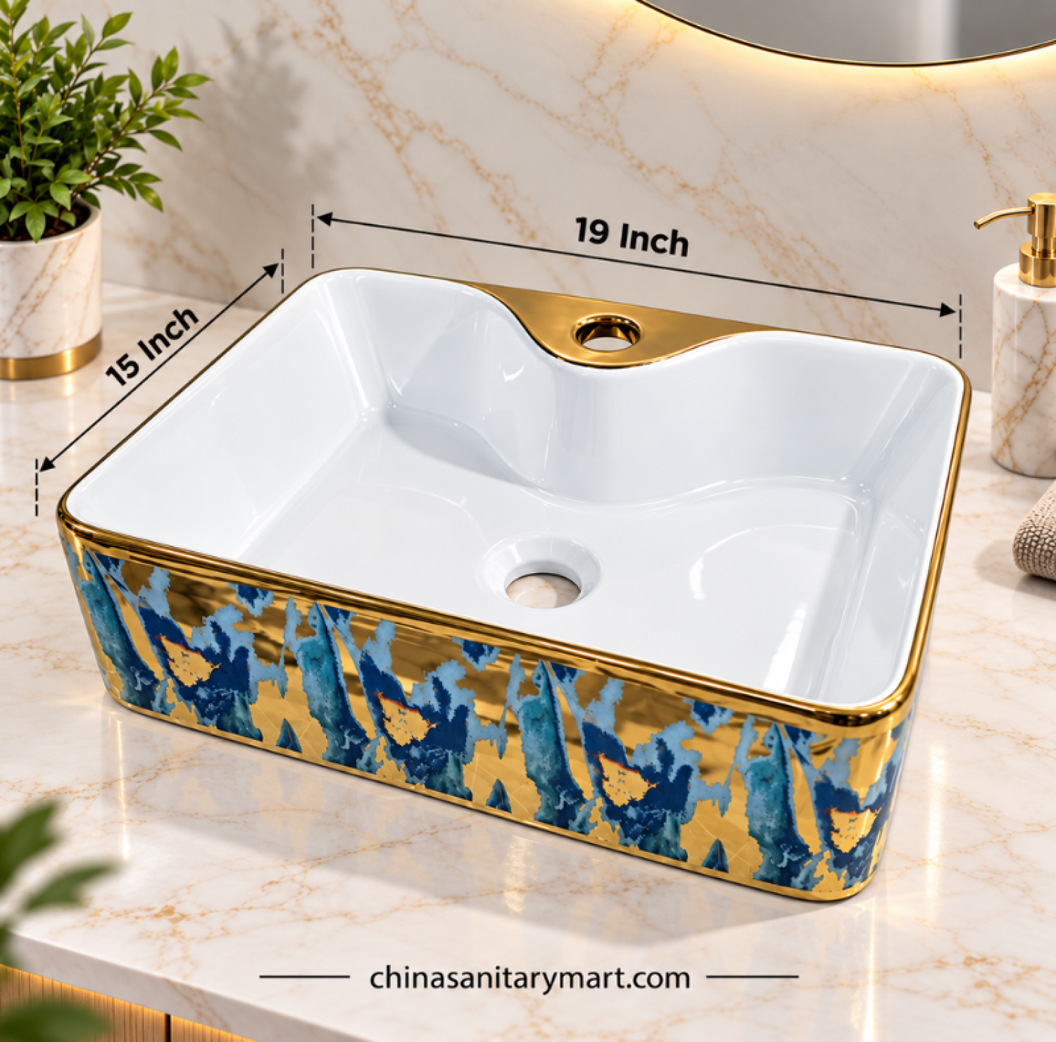15x19 inch 952-D2 top basin, blue gold countertop basin, rectangular designer basin, luxury top basin, white blue gold wash basin