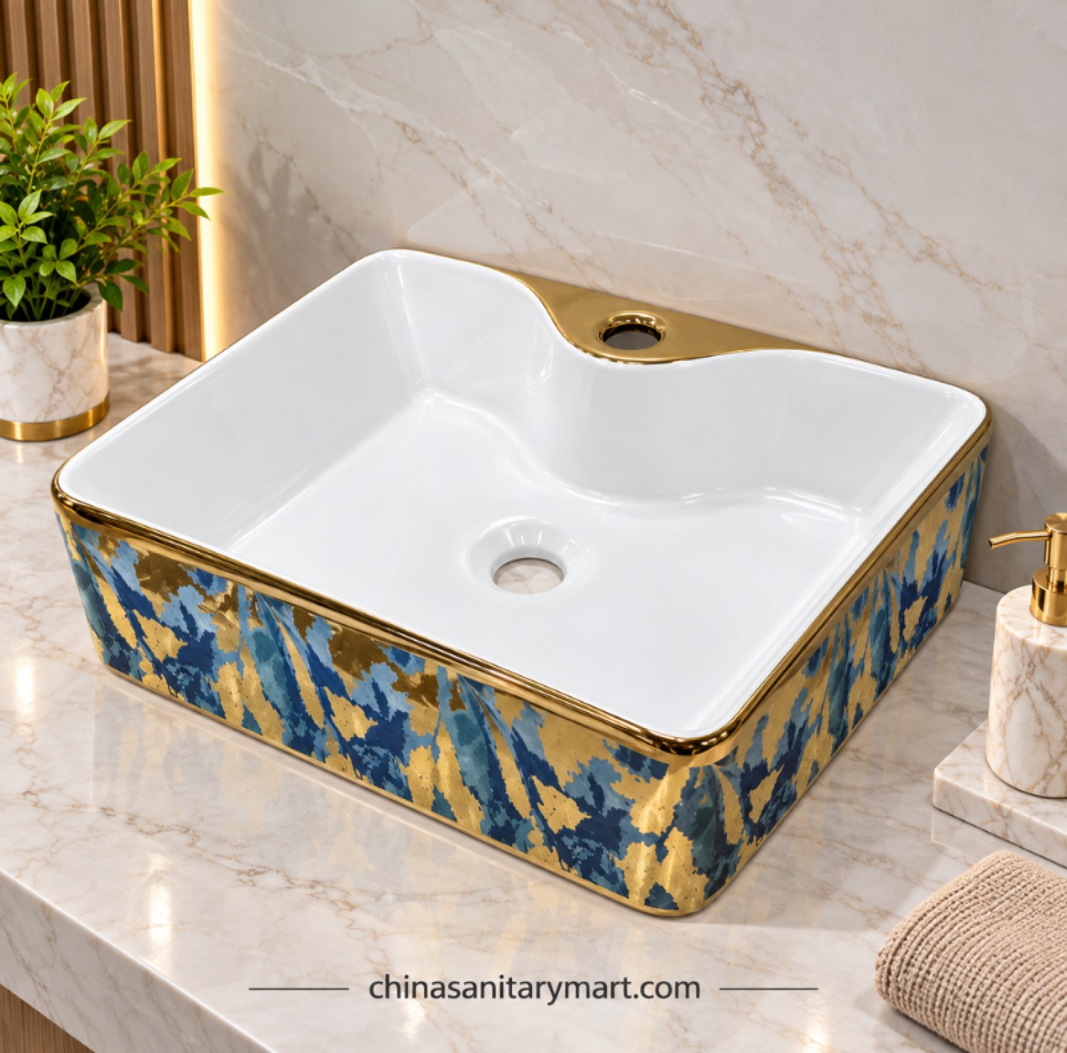 15x19 inch 952-D2 top basin, blue gold countertop basin, rectangular designer basin, luxury top basin, white blue gold wash basin