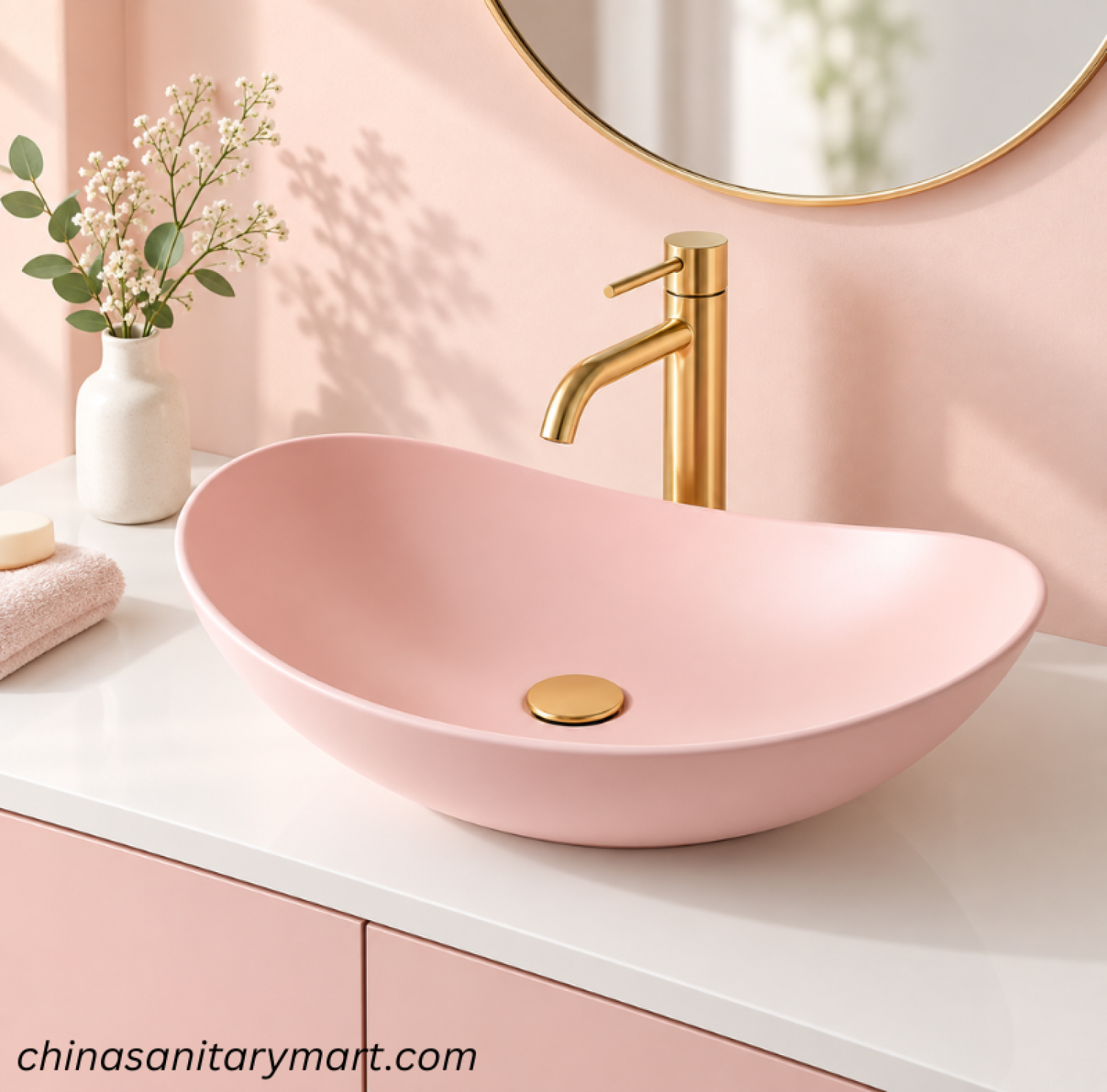 IS-A888MP pink boat shape top basin, pink countertop wash basin, boat shape bathroom basin, designer pink top basin
