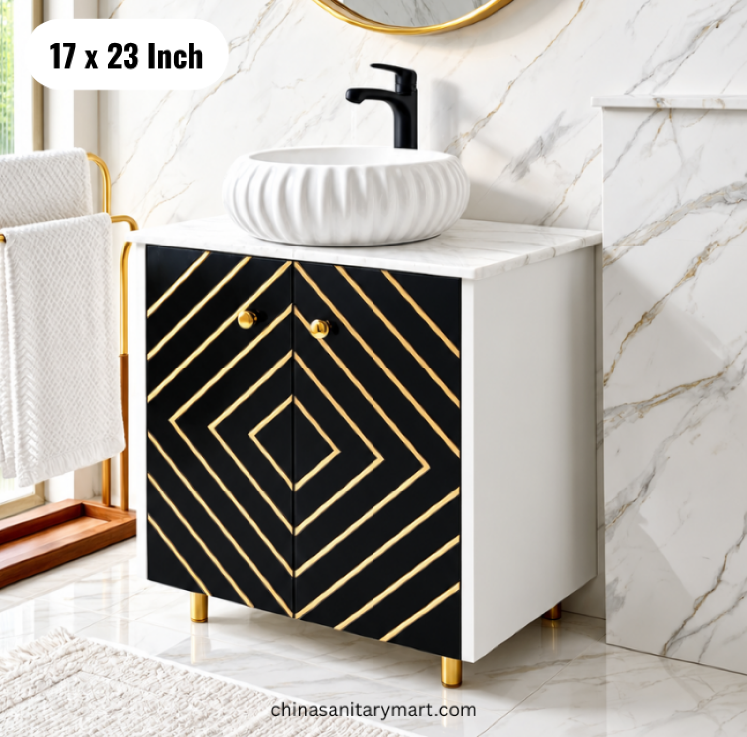 17x23 black gold basin cabinet, bathroom vanity, black gold counter basin cabinet, white counter basin , bathroom vanity with mirror