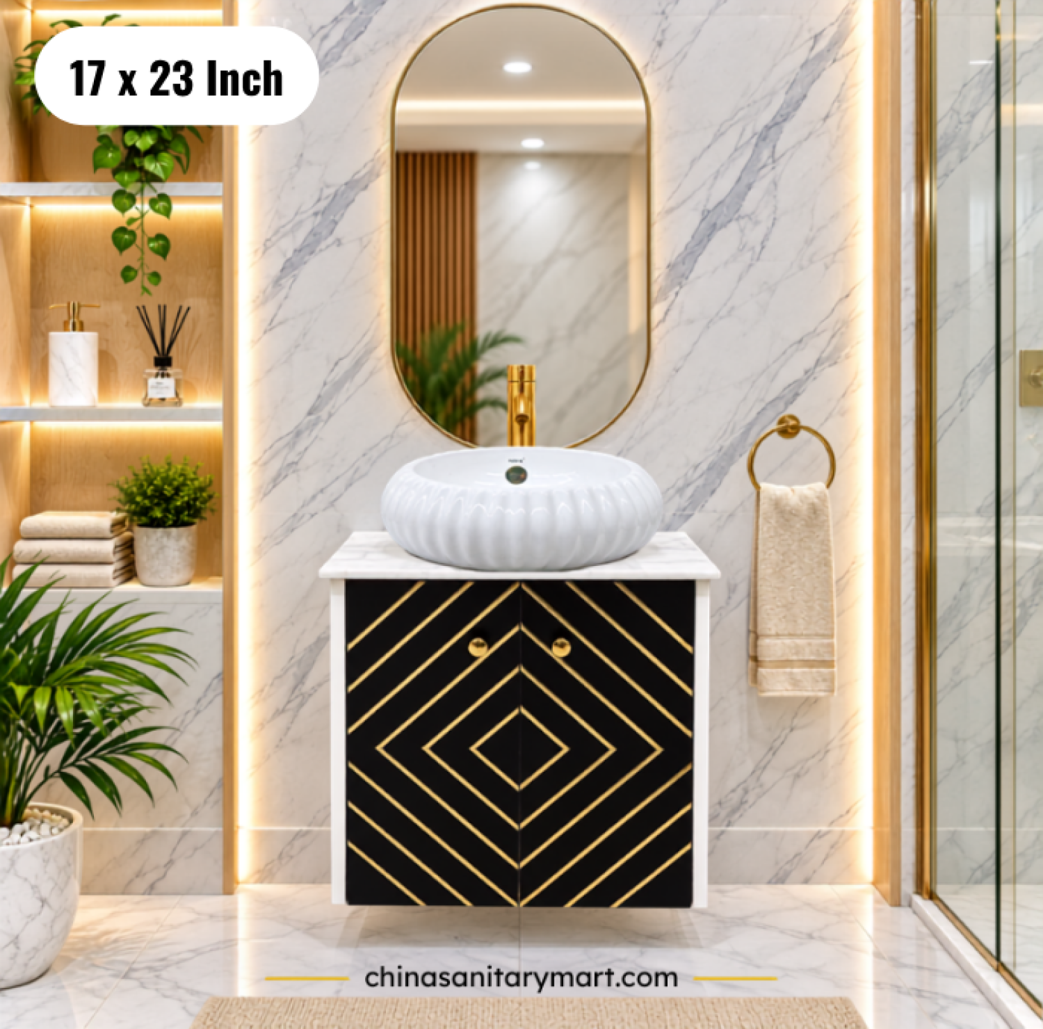 17x23 black gold basin cabinet, bathroom vanity, black gold counter basin cabinet, white counter basin , bathroom vanity with mirror