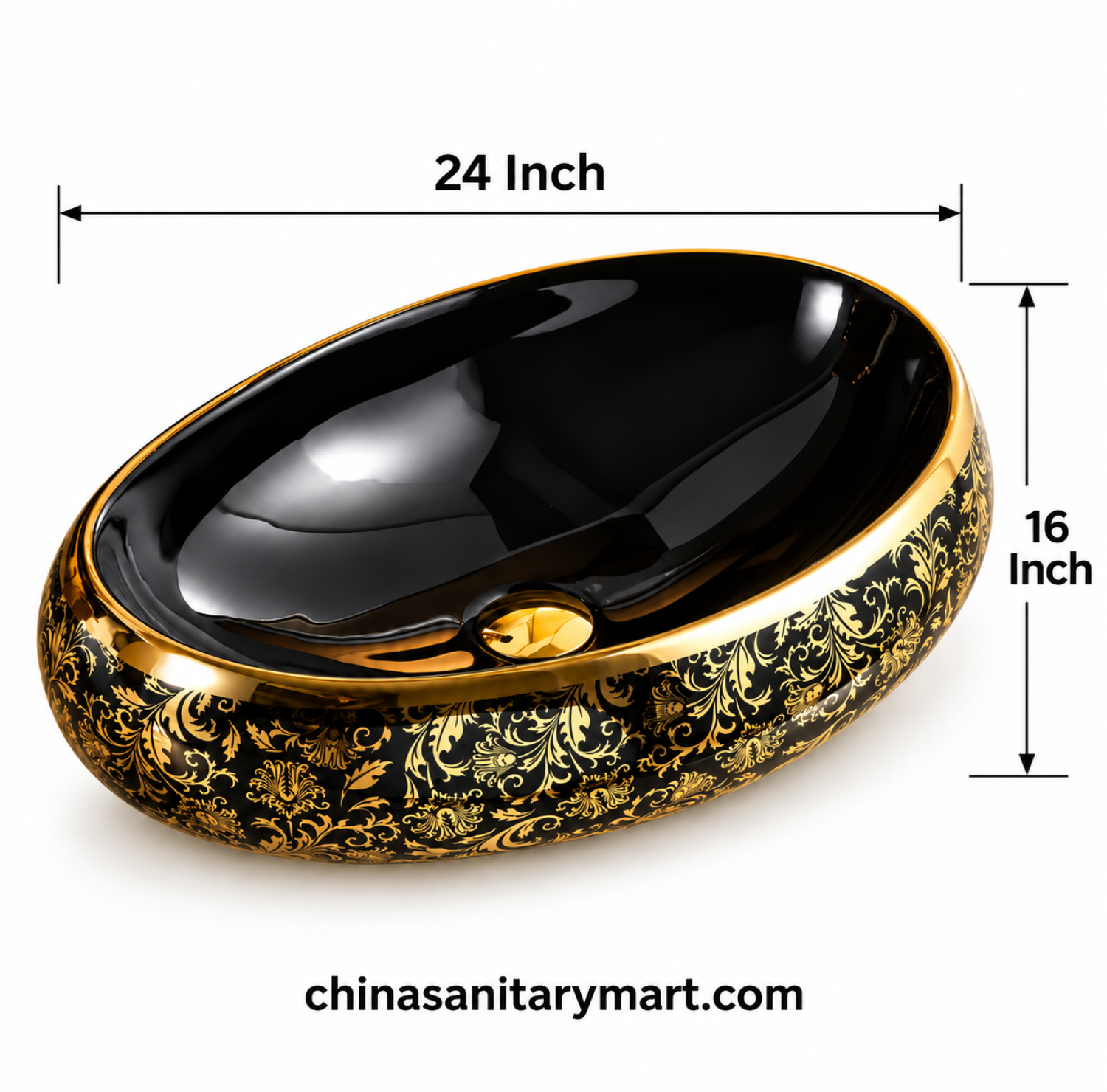 G525A black golden print top basin, 16x24 inch black gold basin, oval countertop wash basin, black golden bathroom basin, luxury designer top basin