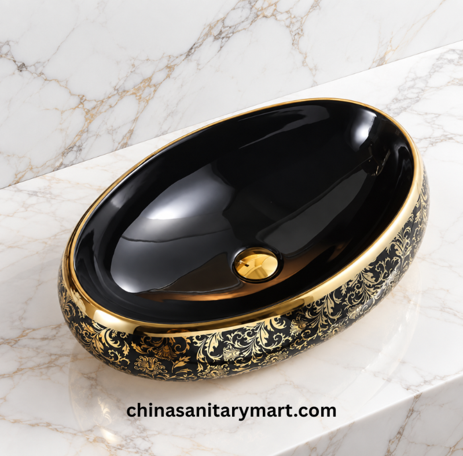 G525A black golden print top basin, 16x24 inch black gold basin, oval countertop wash basin, black golden bathroom basin, luxury designer top basin