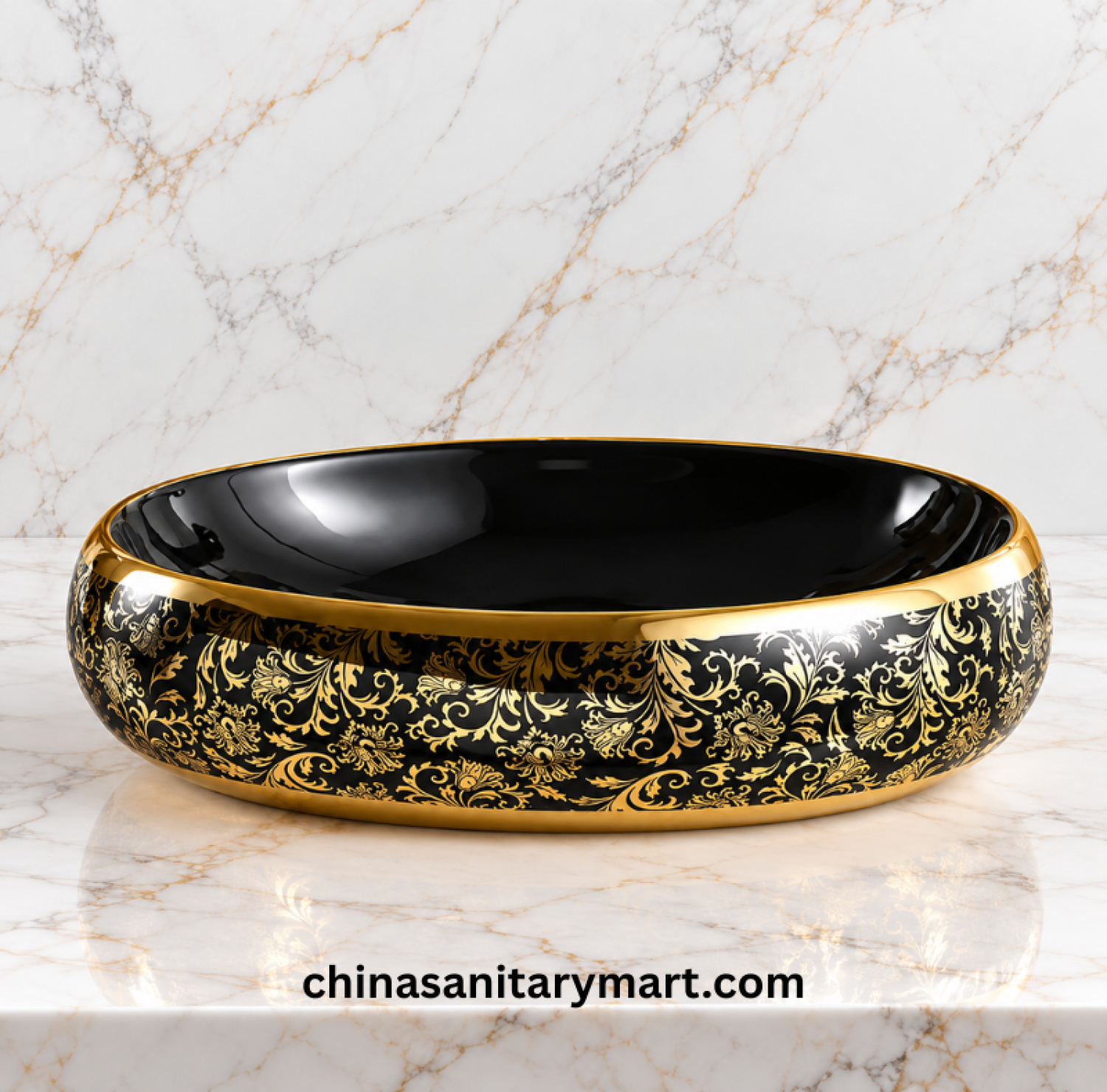G525A black golden print top basin, 16x24 inch black gold basin, oval countertop wash basin, black golden bathroom basin, luxury designer top basin