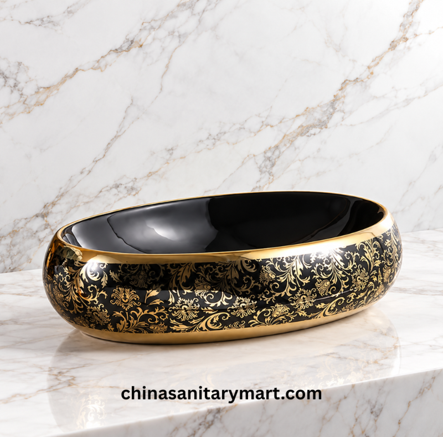 G525A black golden print top basin, 16x24 inch black gold basin, oval countertop wash basin, black golden bathroom basin, luxury designer top basin