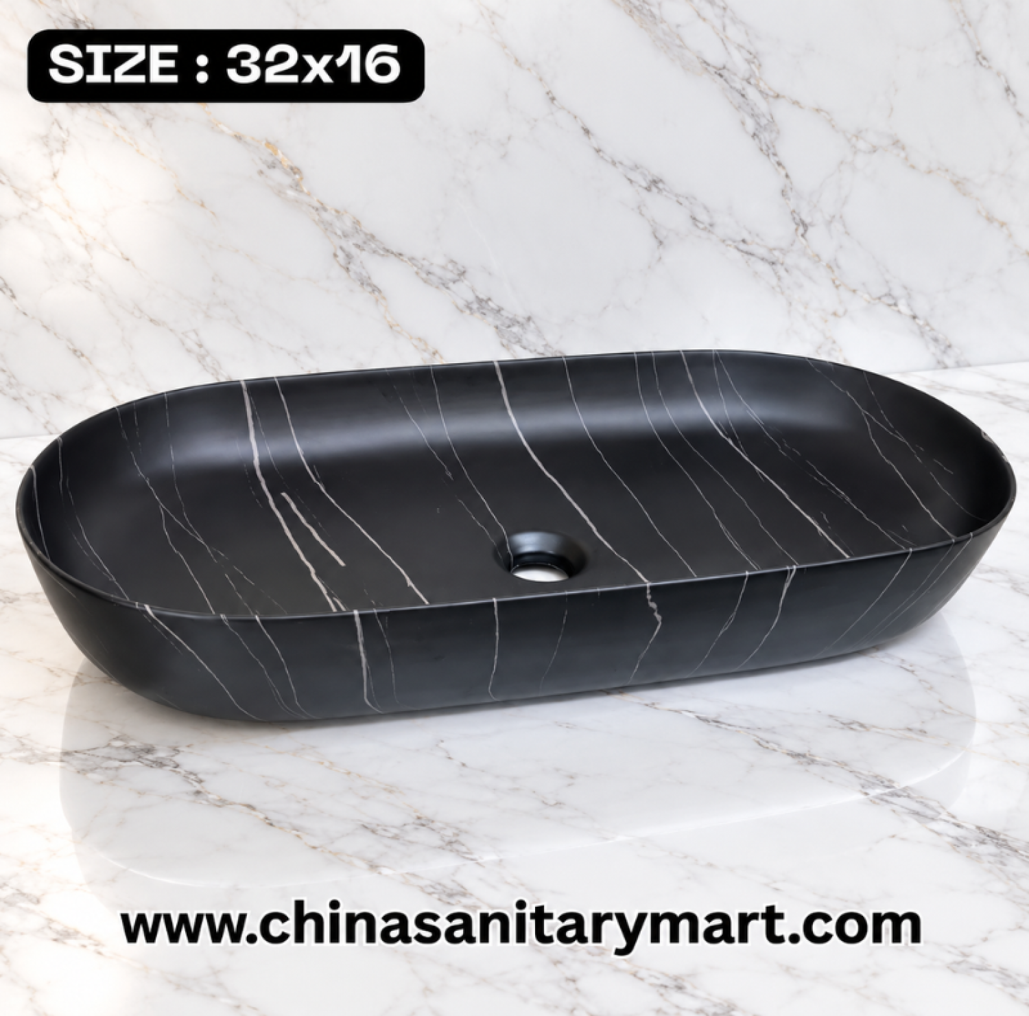 32x16 inch matte black large top basin, black countertop wash basin, large black bathroom basin, marble vein top basin, modern matte black basin