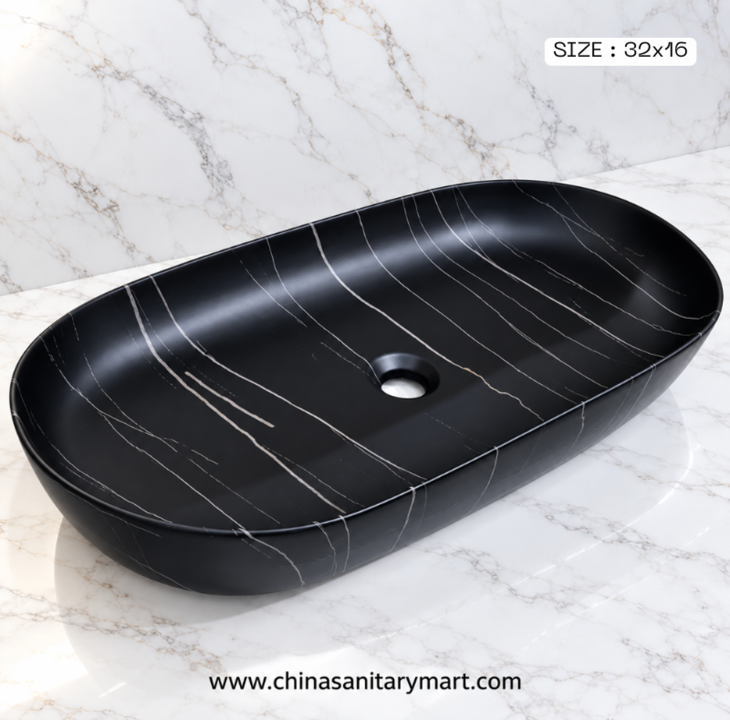 32x16 inch matte black large top basin, black countertop wash basin, large black bathroom basin, marble vein top basin, modern matte black basin