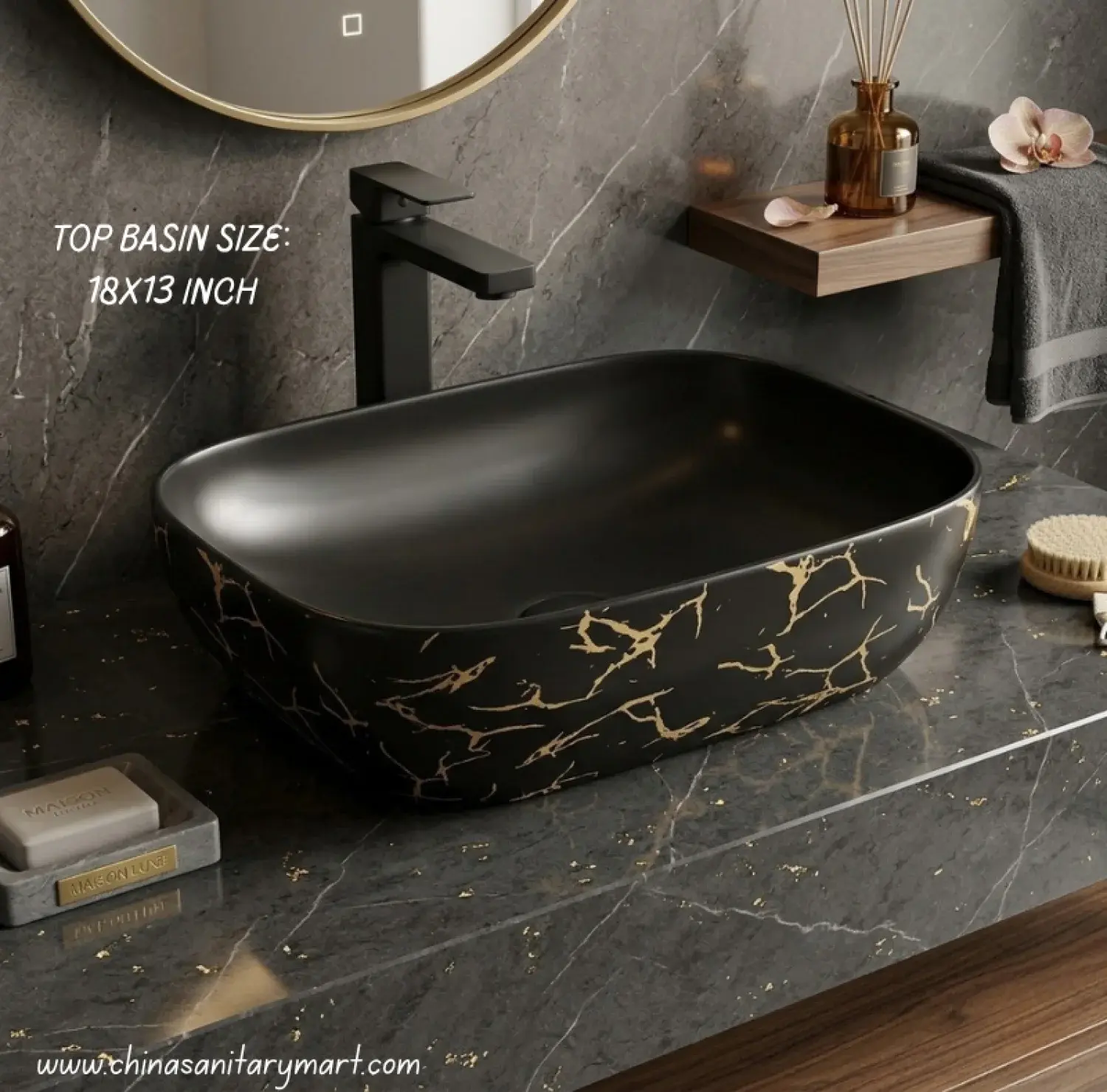 Matte black wash basin, gold and black Top