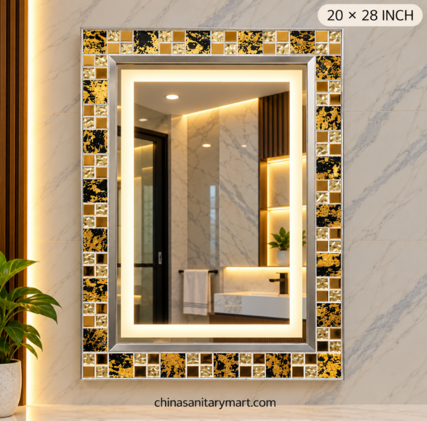 20x28 LED mirror, unique rectangle LED mirror, frosted inside mirror, silver frame bathroom mirror, decorative LED vanity mirror, gold black silver frame mirror