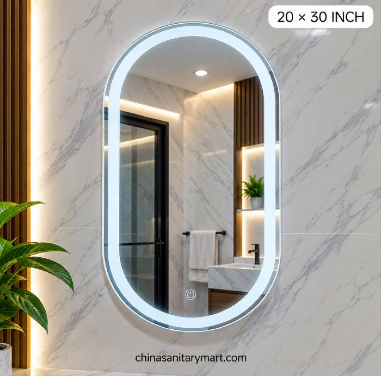 20x30 capsule LED mirror, capsule shape bathroom mirror, frosted inside LED mirror, LED vanity mirror, capsule wall mirror, modern illuminated bathroom mirror