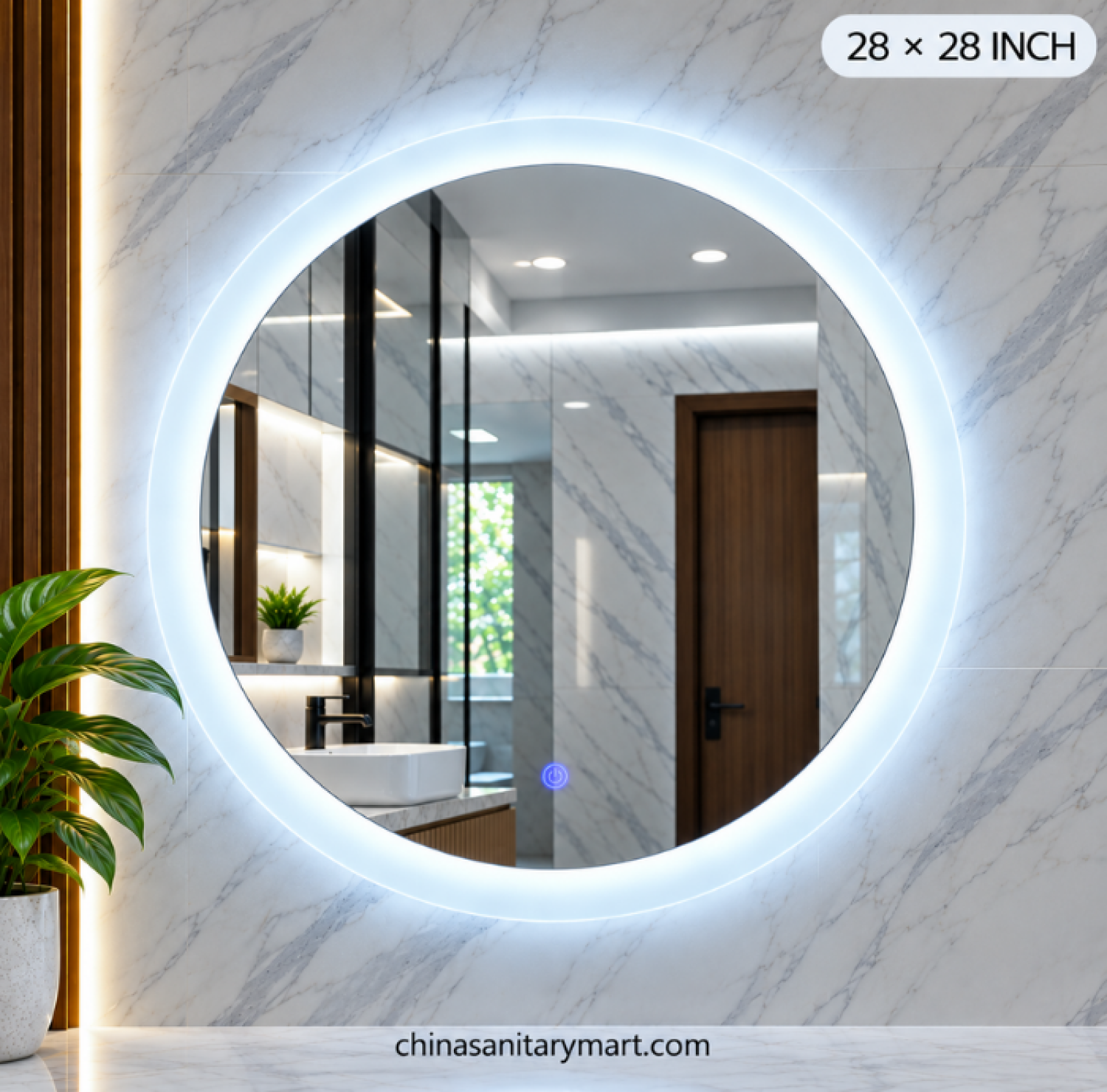 28x28 circular LED mirror, frosted edge bathroom mirror, round LED vanity mirror, circular wall mirror, frosted LED mirror, modern round bathroom mirror