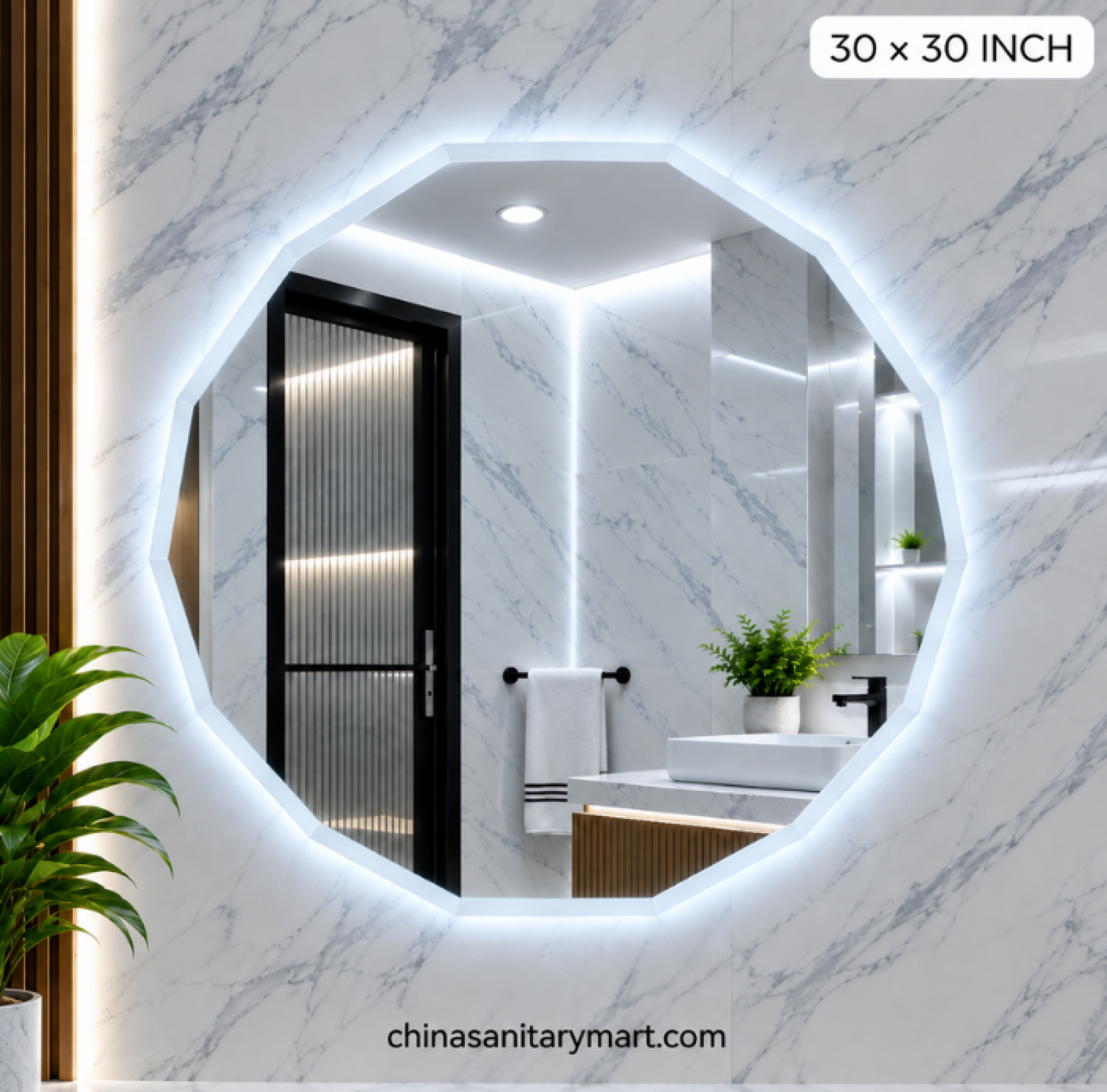 30x30 octagon LED mirror, modern octagon bathroom mirror, frosted edge LED mirror, octagon vanity mirror, geometric bathroom mirror, illuminated octagon mirror