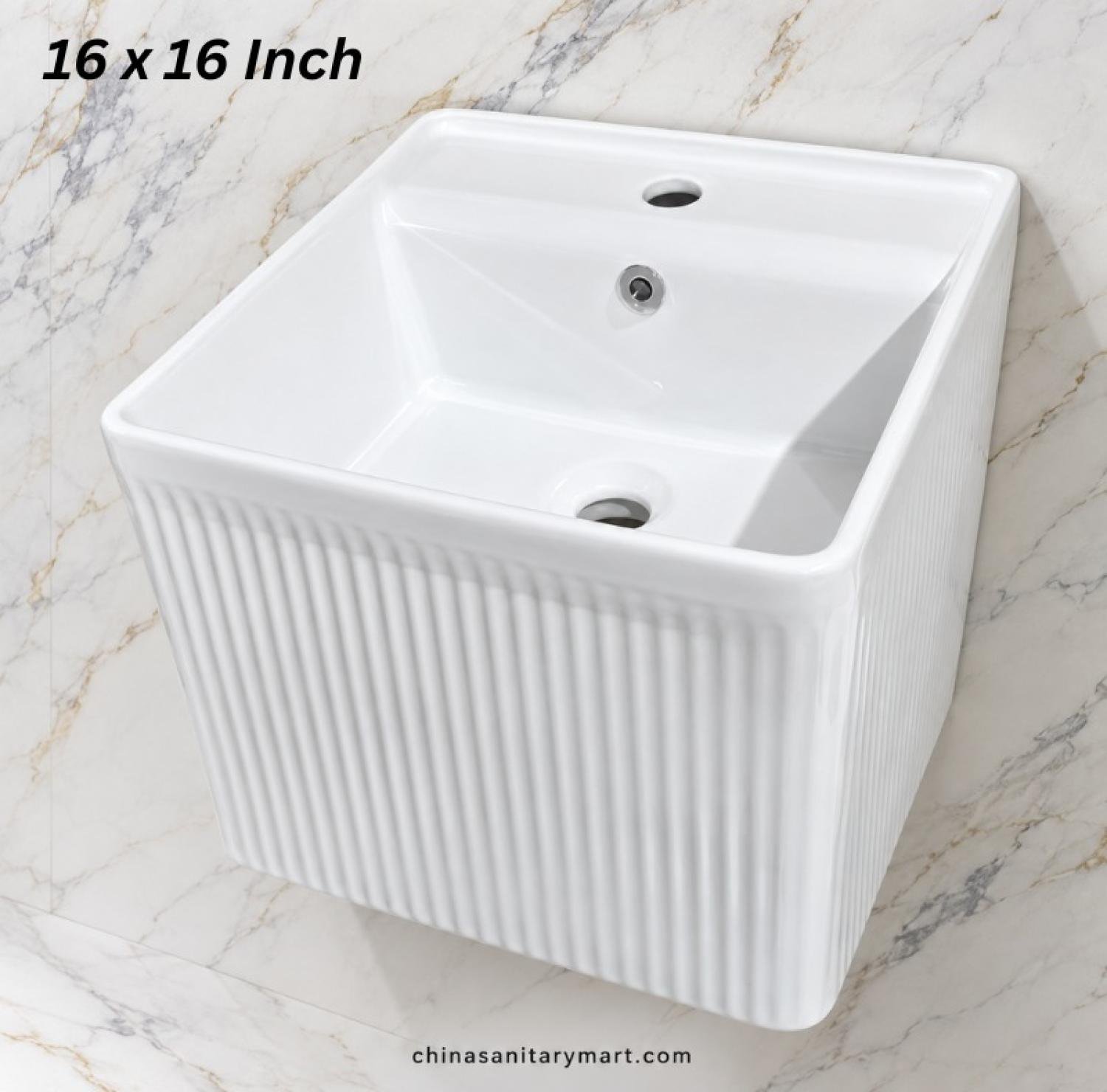 IS-WB003 16x16 white Wall Hung basin, square shape bathroom basin, glossy white fluted basin, vertical grooveWall Hung basin, modern square vanity basin