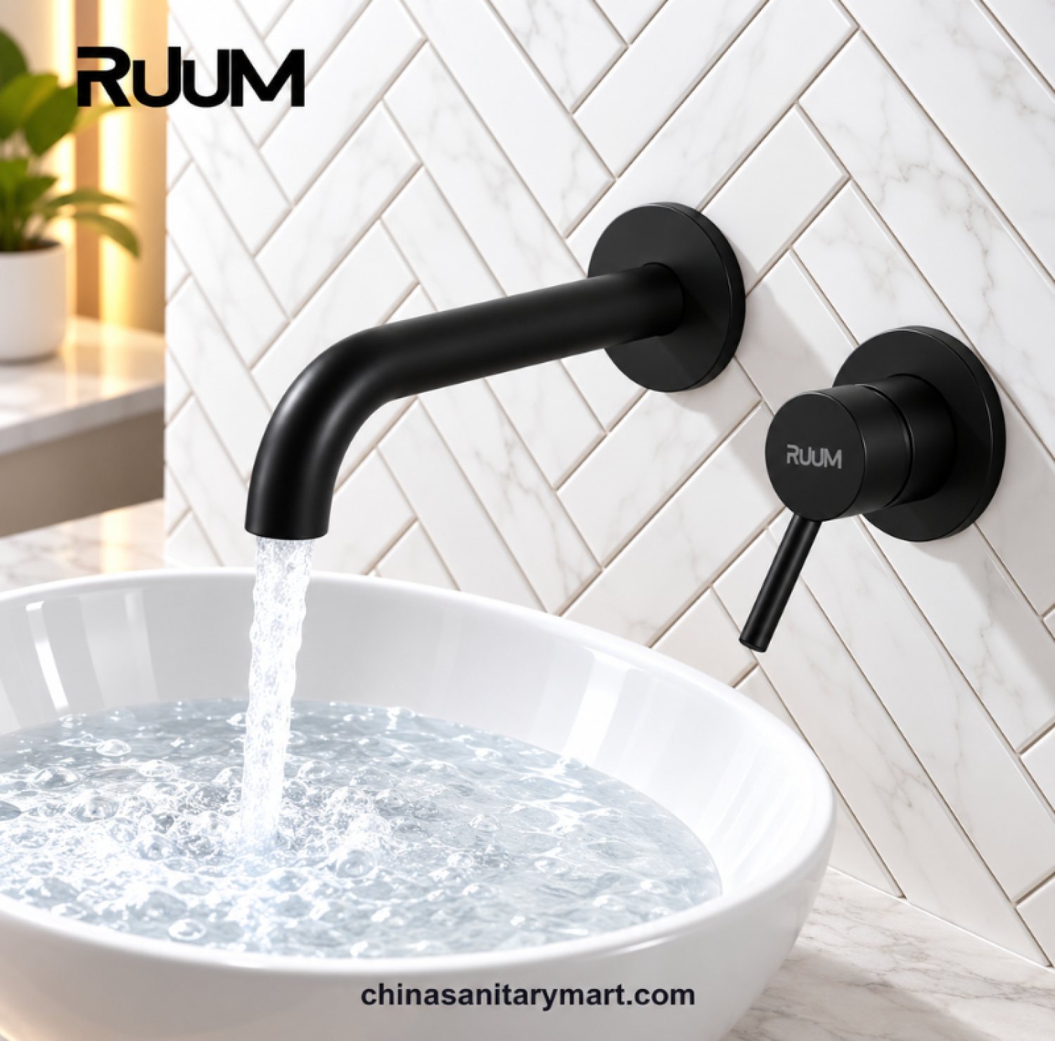 RUUM wall mount swivel basin mixer black, matte black wall mounted basin faucet, curved spout black basin tap, single lever bathroom mixer, modern black bathroom faucet