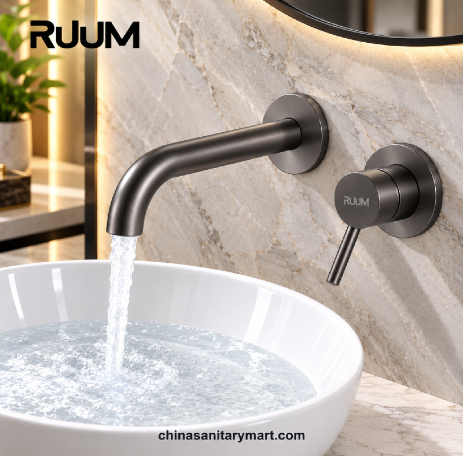 RUUM wall mount swivel basin mixer gunmetal grey, gunmetal grey wall mounted faucet, curved spout basin mixer, single lever bathroom tap, modern gunmetal bathroom faucet