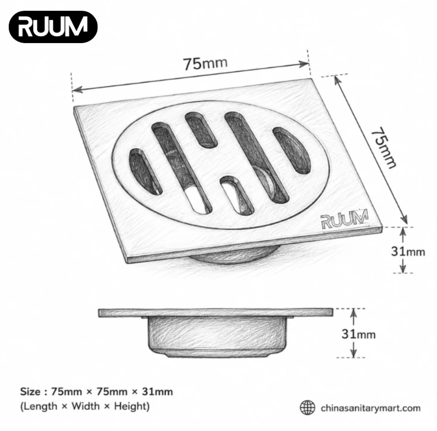 RUUM 3x3 inch black floor drain, black square bathroom drain, 75x75 mm floor drain, circular slotted drain cover, modern black shower drain