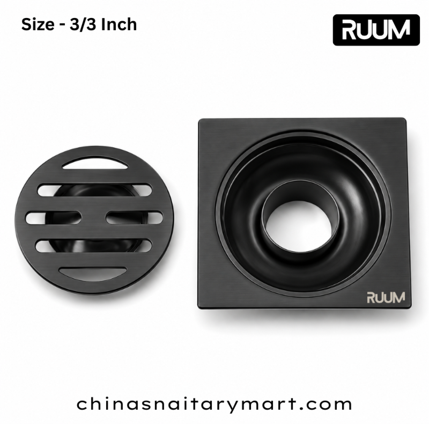 RUUM 3x3 inch black floor drain, black square bathroom drain, 75x75 mm floor drain, circular slotted drain cover, modern black shower drain