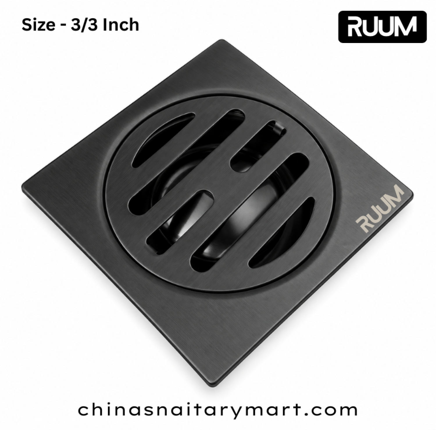 RUUM 3x3 inch black floor drain, black square bathroom drain, 75x75 mm floor drain, circular slotted drain cover, modern black shower drain