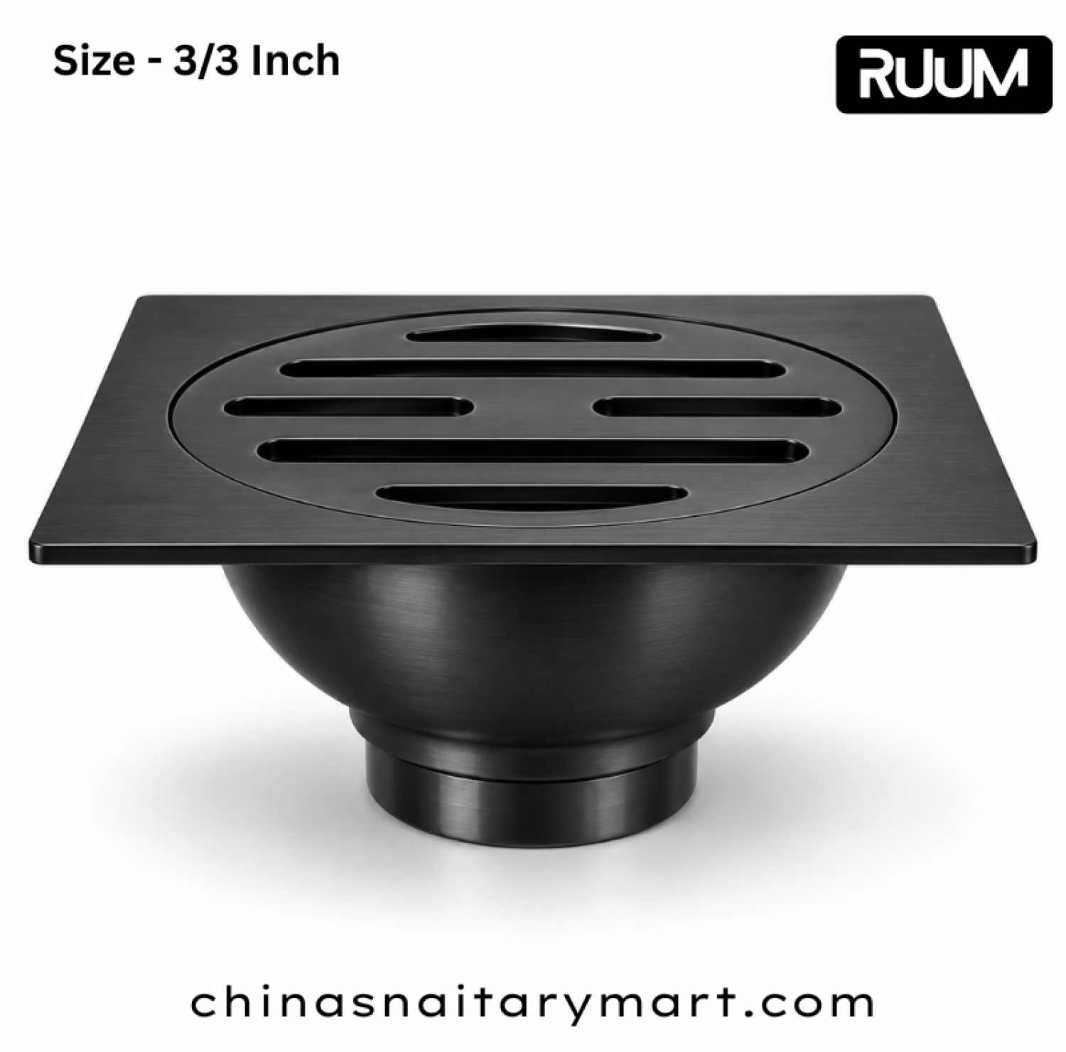 RUUM 3x3 inch black floor drain, black square bathroom drain, 75x75 mm floor drain, circular slotted drain cover, modern black shower drain