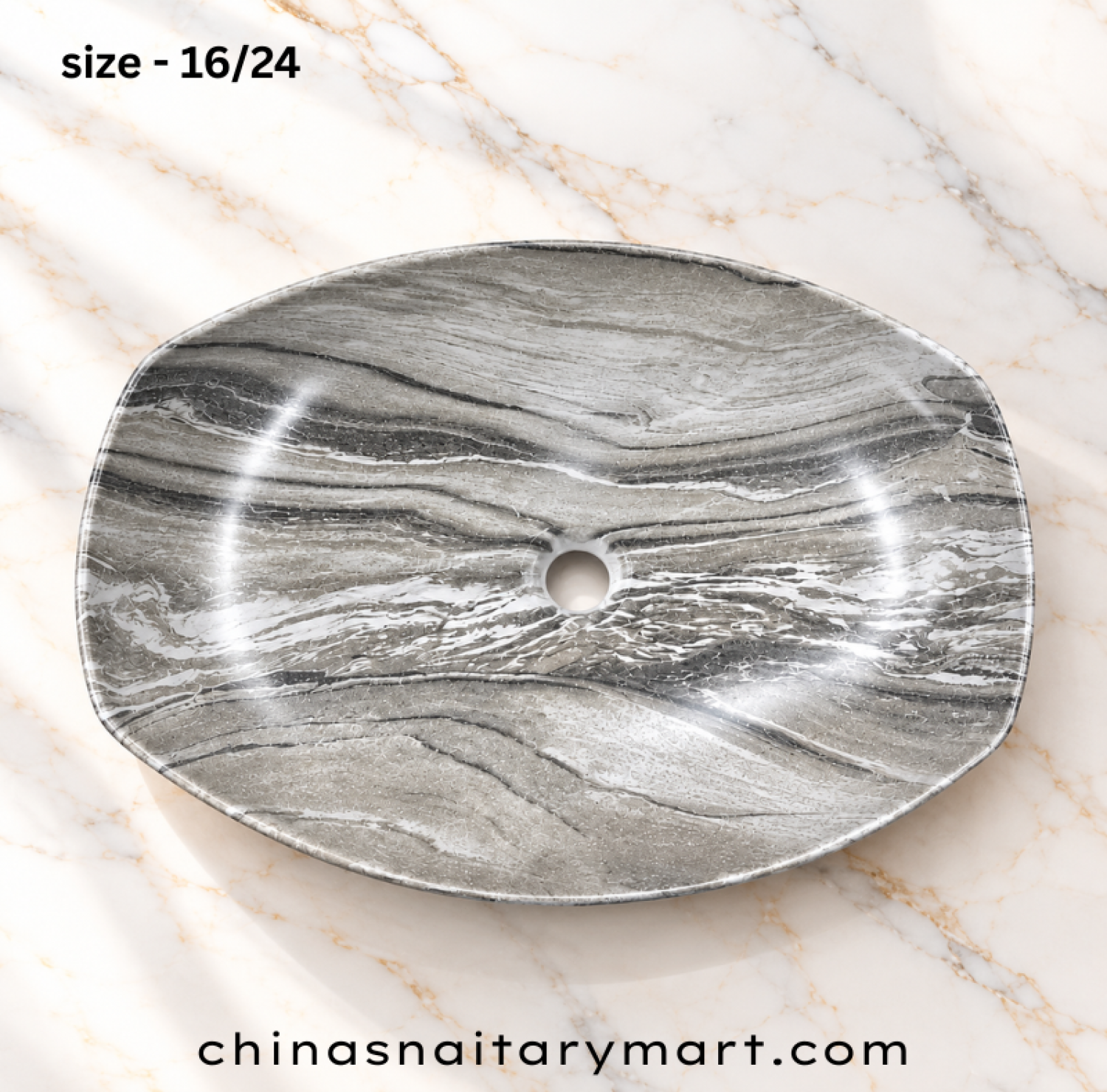 IS-A5166MB 16/24 Inch Matte Grey Marble Shed Top Basin with premium ceramic construction, natural grey marble finish, luxury countertop design